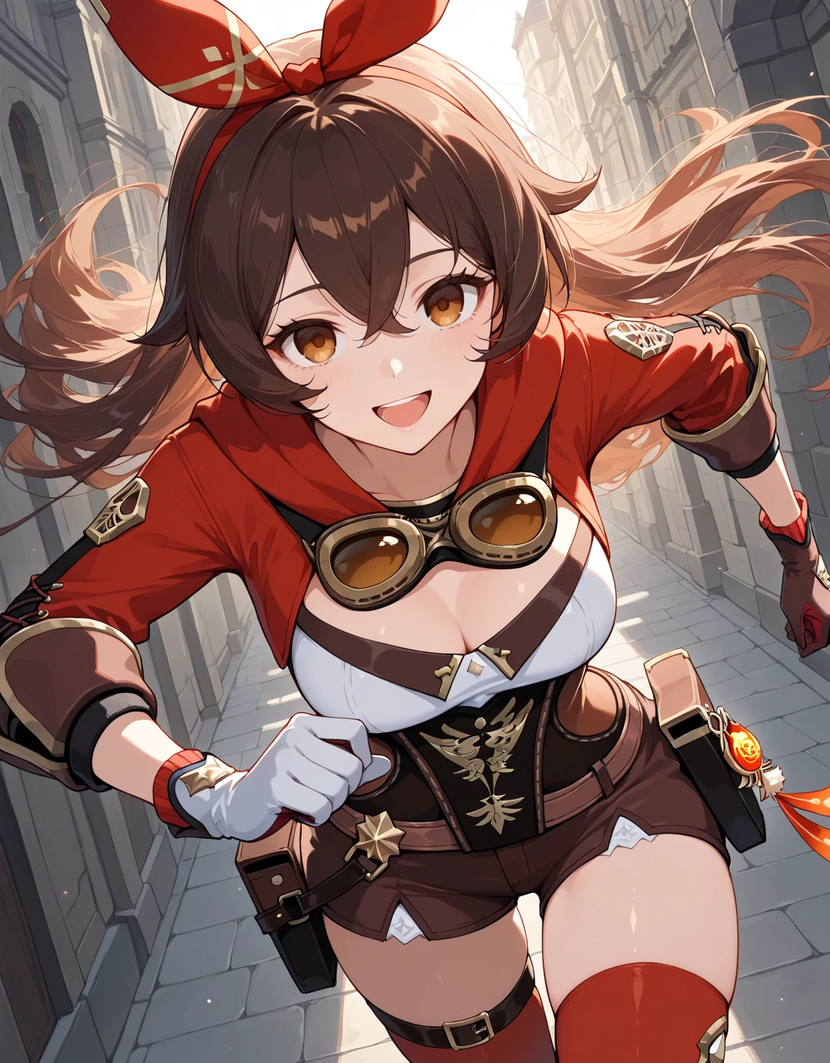 ultra-detailed,(best quality),((masterpiece)),(highres),original,extremely,<lora:Amberx_xl:1>,(\an bo\),smile,doll,1girl,goggles on head,long hair,gloves,shorts,brown hair,red thighhighs,cleavage,red ribbon,long sleeves,shrug \(clothing\),jacket,pouch