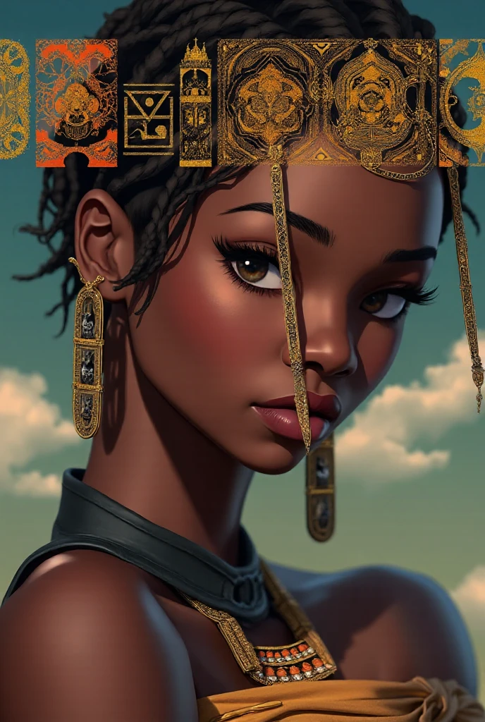 1 photo, (SevenWonders:1), black skin, afro, renaissance style