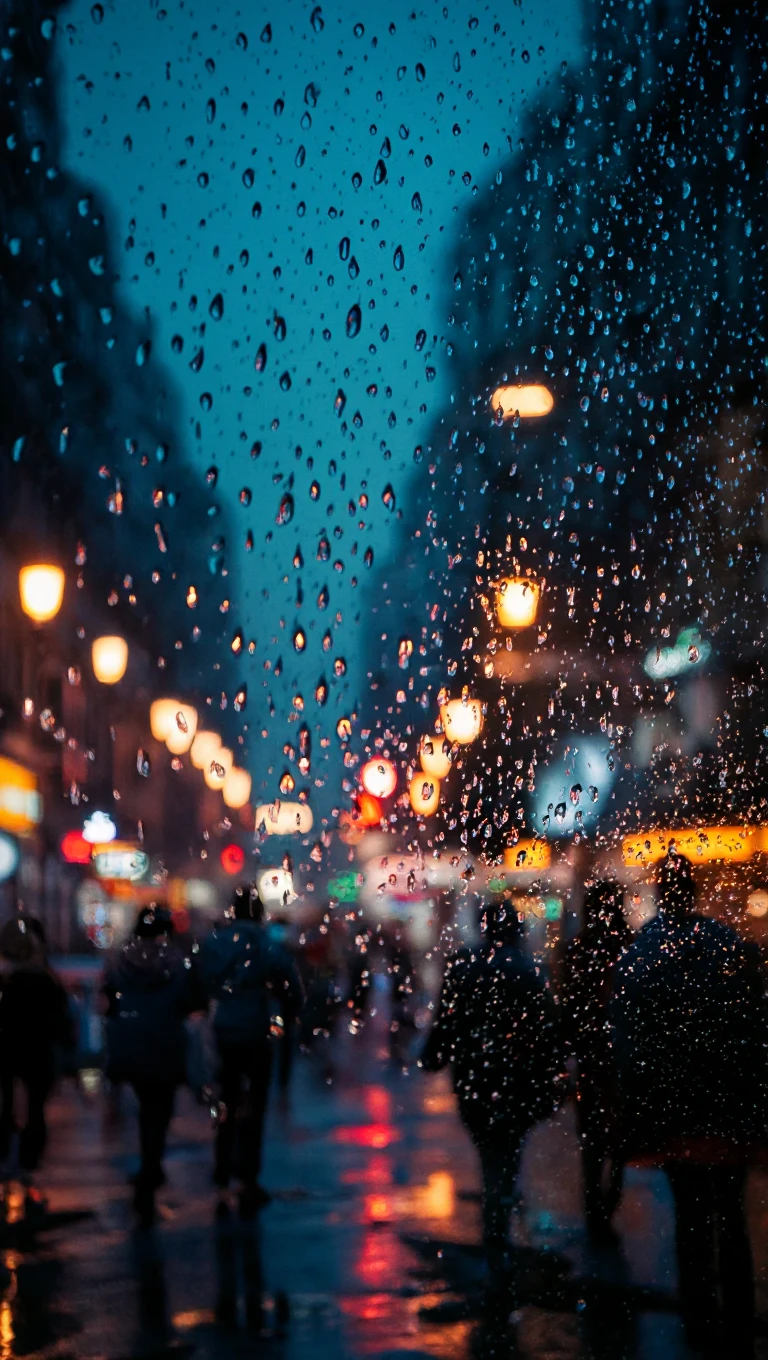night, glass, rain, people in the street, lights