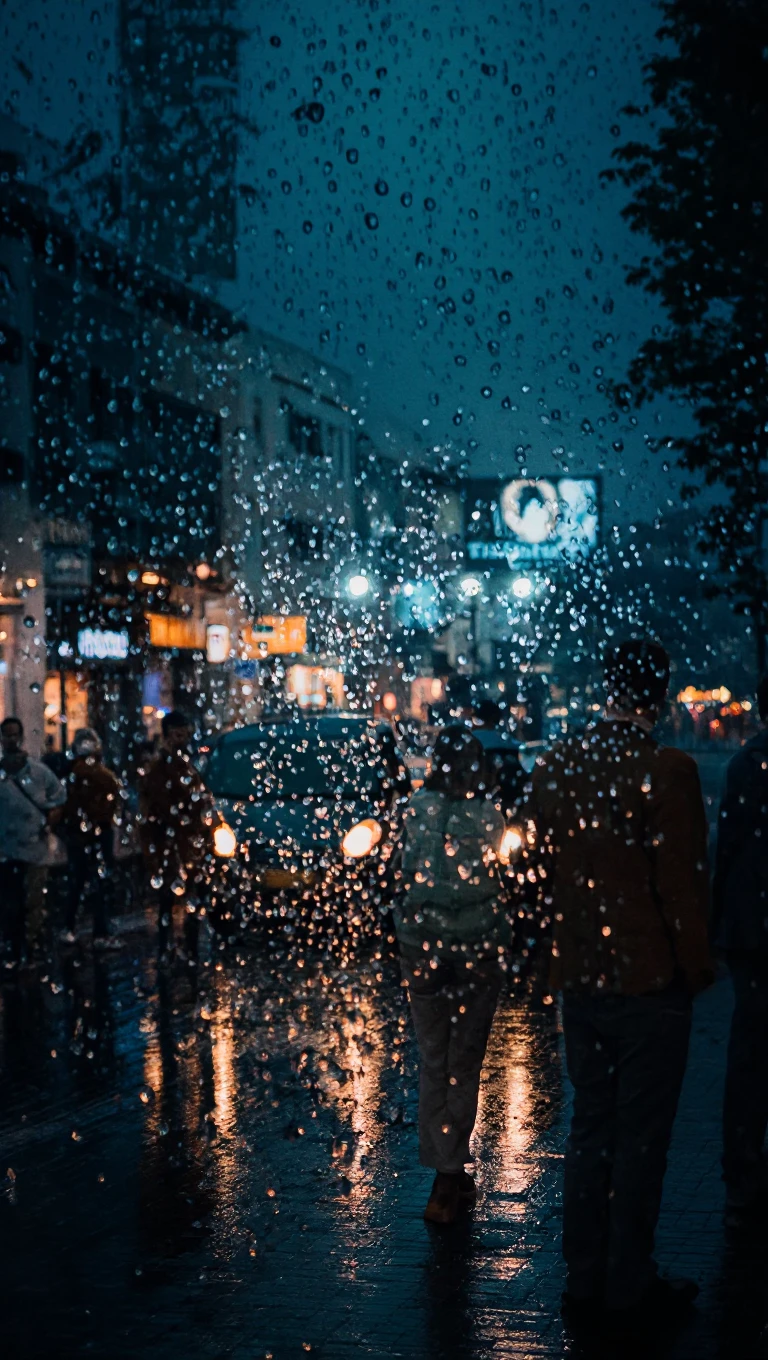 night, glass, rain, people in the street, lights