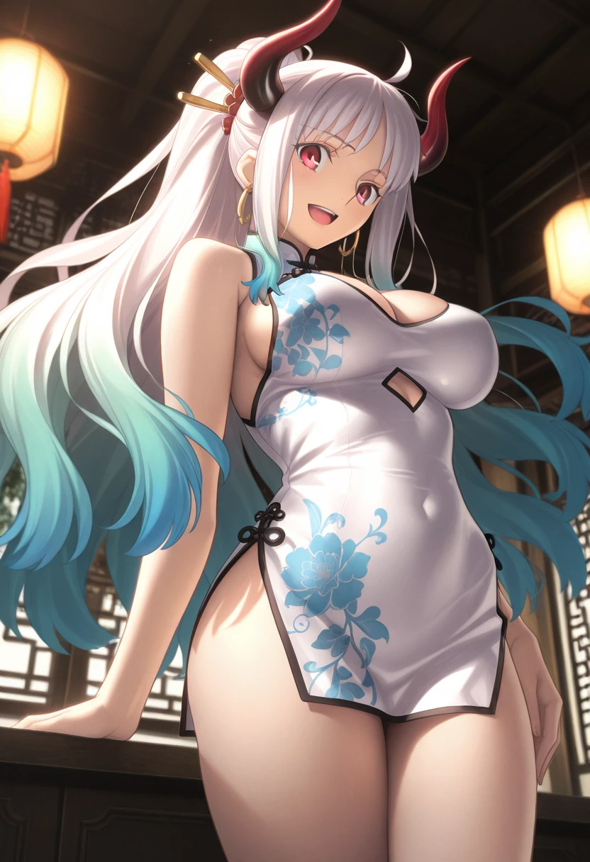 masterpiece, best quality, 1girl, illustrious (maiden lily's radiance) (azur lane), gray hair, extra-long hair, blue eyes, hair accessories, breasts, cleavage, China dress, Chinese clothes, official alternate costume, white thighhighs, garters, short sleeves, Simple background,