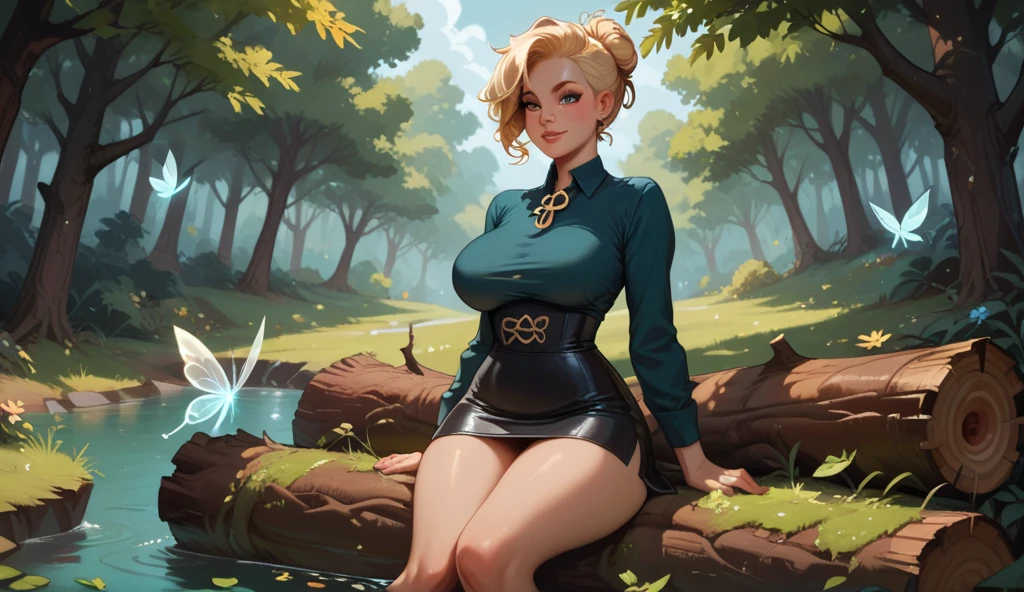 A beautiful girl with long blonde hair in a ponytail, wearing a gray and brown stockings, a healing rhythm dress with puff sleeves, a white choker, heart earrings, and a bow. She has extremely detailed and fine features, including beautiful eyes, nose, and lips. Her pose is sexy and alluring, with large breasts and thick legs. The scene is set in the border of a forest, with high quality, ultra-detailed, realistic, and photorealistic rendering, vivid colors, and studio lighting.