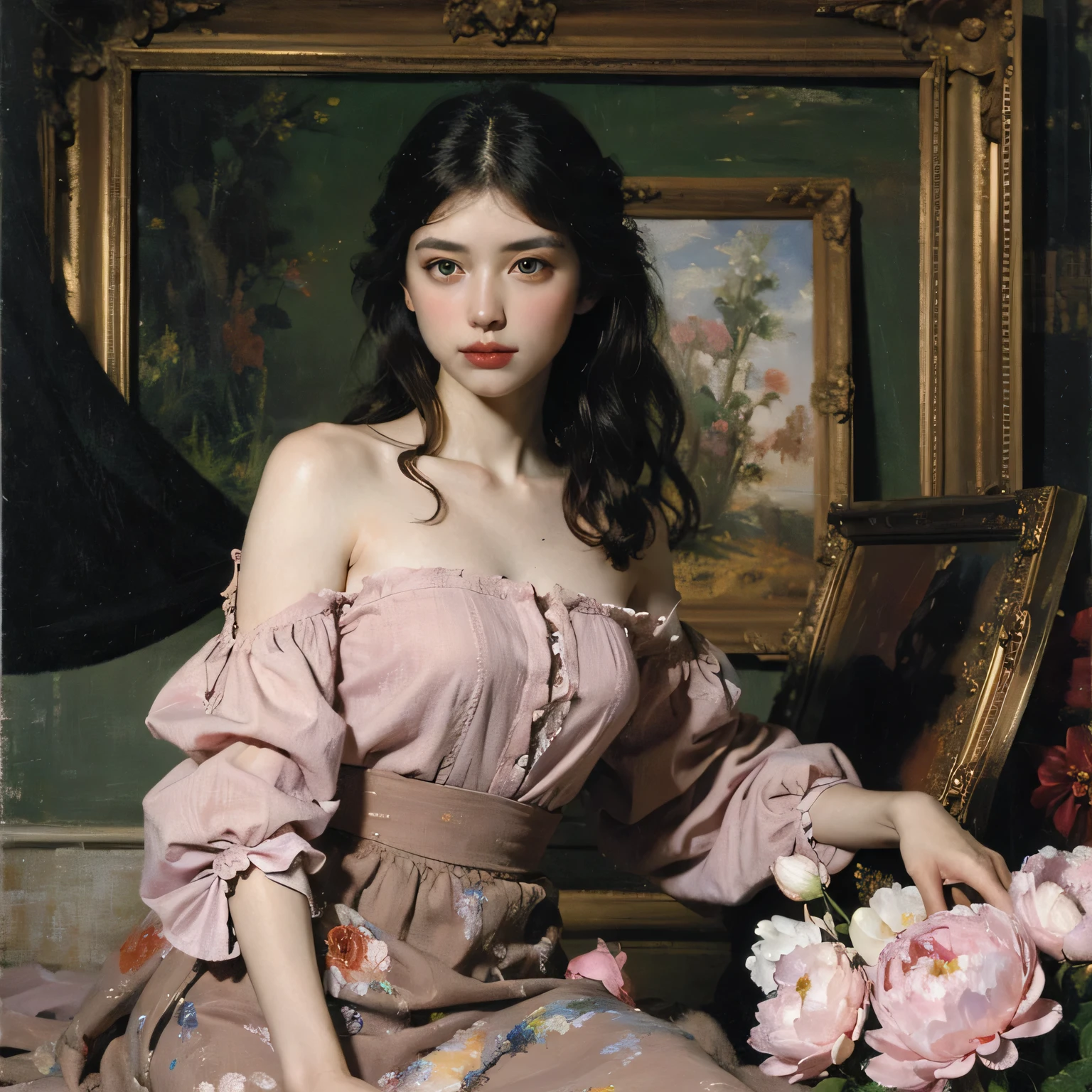 (oil painting:1.5), \\ a woman with (long curtly hair ), ((green eyes)) is lie on the ground in veil, peony, (amy sol:0.248), yellow, with skirt,(stanley artgerm lau:0.106), (a detailed painting:0.353), (gothic art:0.106)
