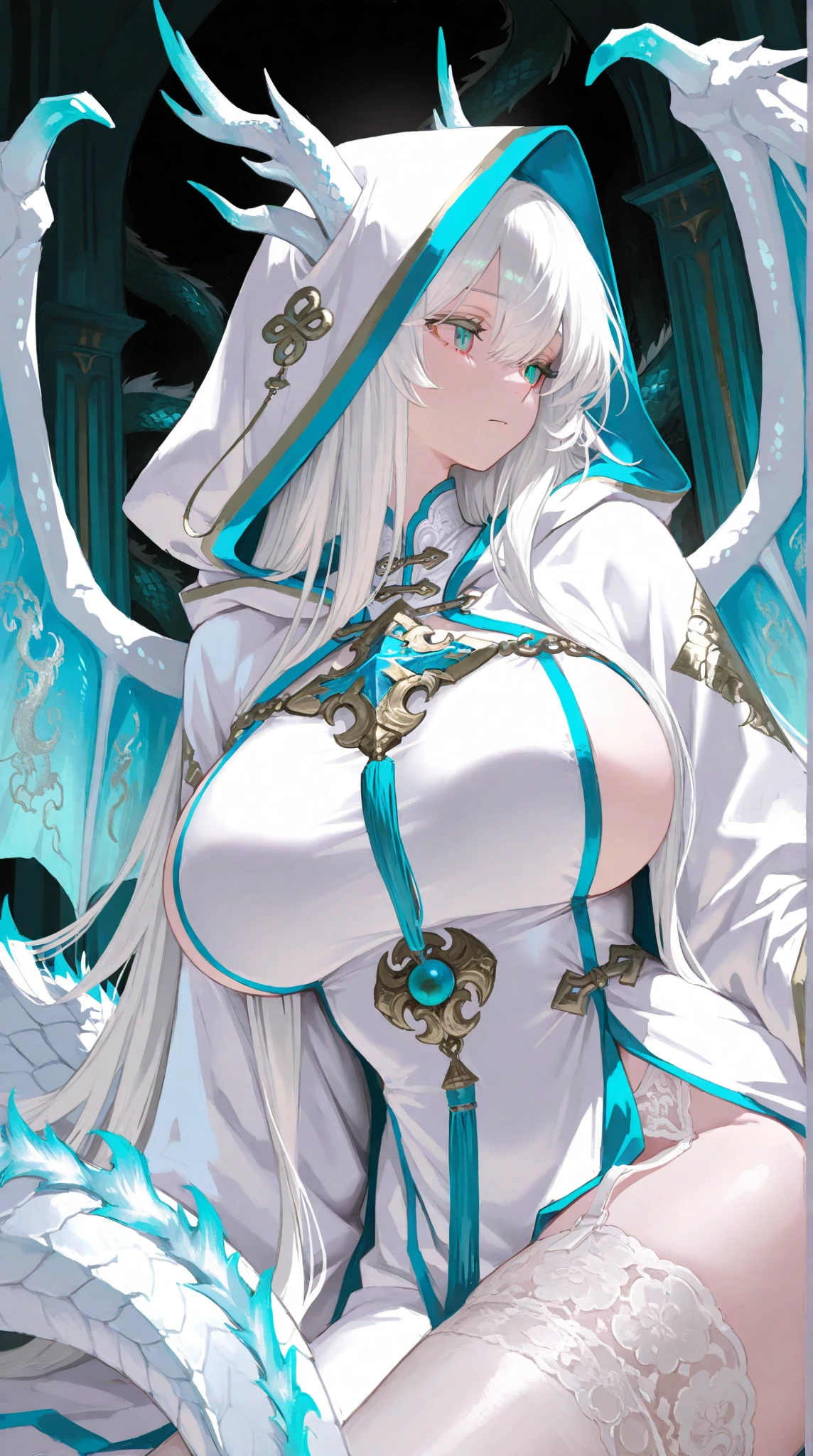 1girl, ((milf)), ((dark skin)), white hair, white stockings, bride, bridal outfit, unrealistically large extremely large breasts, ((nipples)), (huge titties), (large badonkers), ((pink eyes)),