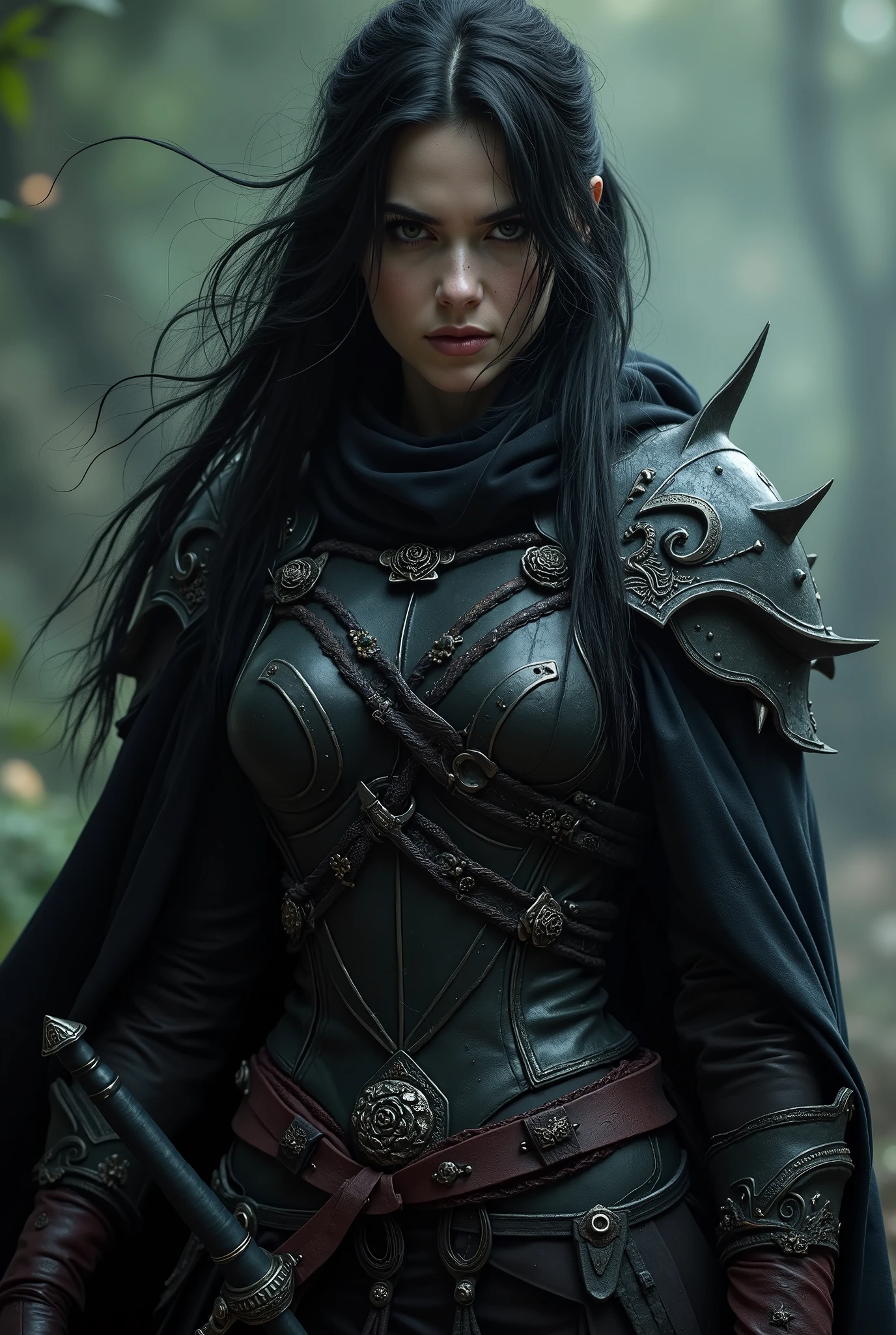 Lory, in battle gear, is a vision as imposing as it is mesmerizing — a shadow warrior shrouded in mystery and lethality. Her black hair continues to fall in wild waves over the shoulders, partially attached by a black silver fastener carved with forgotten runes, allowing her face to be free, revealing her intense green eyes - like dark forests or red like living embers,  depending on the moment . The sparkle in her eyes remains unshaken, now even more intense, as if each combat nourished its essence.

She wears light armor, made of dark leather stiffened with black metal plates like obsidian. The shoulder pads are sharp, with silver details that resemble bat wings or thorns of poisonous roses. The armor molds to her slender body, designed to guarantee freedom of movement without sacrificing protection. Over the chest , the ancient symbol of a black rose entwined by snakes can be seen, embroidered with dark threads of cursed silver.

Lory wears a short cover, of a thick fabric that seems to absorb light, attached by an onyx brooch in the shape of a waning moon. Tight gloves cover your hands up to the forearms, reinforced with dark leather and small decorative thorns, like claws in disguise. Suas botas, with a high top and a firm heel, is silent to the touch on the ground - perfect for a female hunter night.

In your hand, Lory wields a sword with a long blade, forged in enchanted black metal, that emanates a subtle and threatening glow. The sword guard has the shape of open wings, and the fist is wrapped in dark red leather, stained by the weather and blood of former enemies. The blade itself seems to vibrate slightly when in combat, as she thirsts for more.

Nessa forma, Lory from just an enigmatic vampire — she becomes the very incarnation of the silent war, an immortal warrior forged in the dark and molded to overcome with lethal grace.