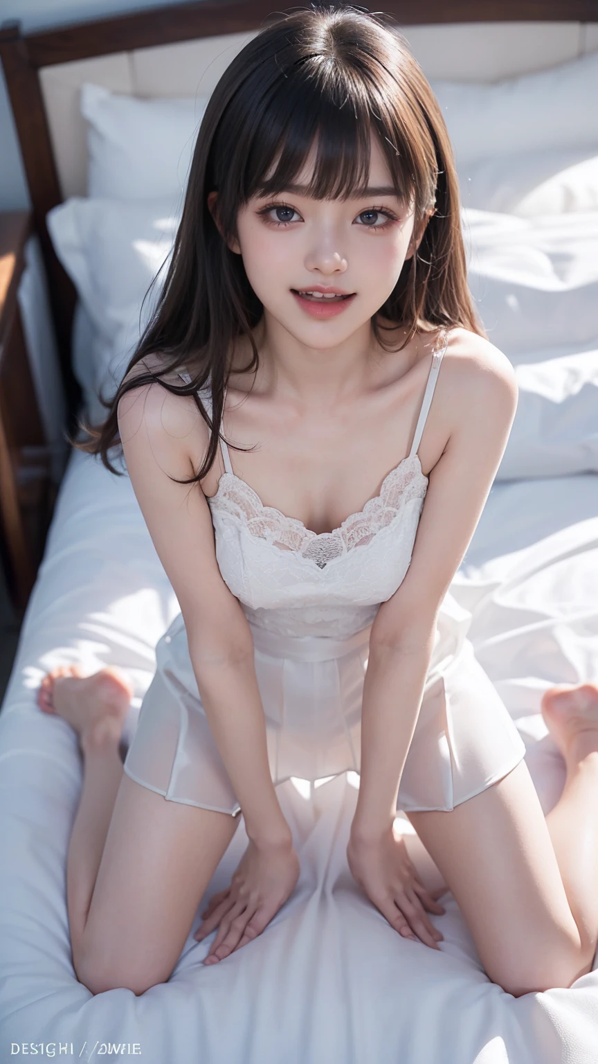 (1girl:1.1), cute, , looks pure, flat chest, 8k, RAW photo, (photo realistic:1.37), ultra high res, best quality, small round face, big eyes, extremely detailed face and eyes, slender, thin thighs, slim legs, depth of field, professional lighting, shiny skin, face lights, natural shading, blushing, dynamic pose, BREAK (wearing transparent sheer babydoll dress:1.3), (wearing thigh-high socks:1.3), sitting on bed, Thin makeup, (shot from front:1.2), BREAK (shoulder length hair with bangs:1.2), (background:sweet girl's bedroom:1.2), full body, night, fair skin,