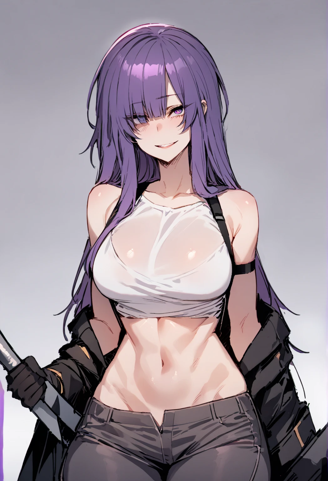 ak15, holding gun, assault rifle, glowing purple eyes, long hair, black hair, blush, lipstick,, masterpiece, best quality, ((unbuttoned , cleavage, necklace, earrings, sexy body, breasts)) , micro skirt, smiling, navel , exposed belly, exposed navel,(nsfw) not safe for work,school, knot, classroom , holding a gun, hold a gun,navel piercing