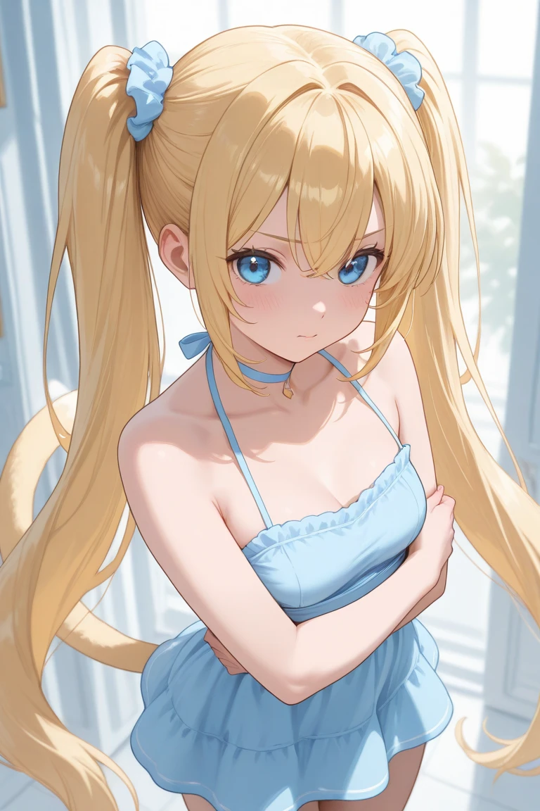 (masterpiece:1.3), (best quality:1.1), (8k, ultra detailed, ultra high res:1.2), ((anime style)), perfect 5 fingers, perfect anatomy,
1girl,
BREAK long hair, wavy hair,
(blonde hair),
(blue eyes),
medium breasts, camisole, (Sequins:1.2),
BREAK smile,
(((looking up))),
cowboy shot,
standing,
white background,