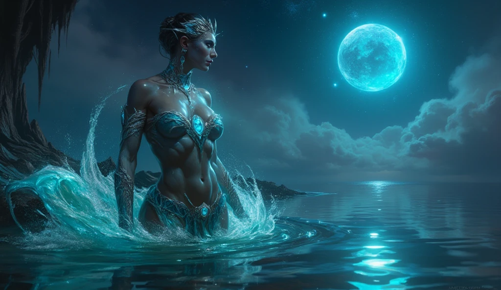 8k, masterpiece, ultra high quality, ultra detailed (real image, intricate detail, depth of field), mysterious atmosphere, African Water Goddess, ebony skin, blue hair, braided hair, horns, elf ears, gills, blue crystal clear eyes, detailed eyes, Armour, Celestial atmosphere, moonlight,(superb),(wet skin), fishscales, silver armour, manipulating waves of water, blue scaly skin, thick body, white tattoo, wide hips, ultra detailed armour, translucent, mesmerizing look, celestial aura, In in the middle of the sea, ,cinematic waves of water, Night sky