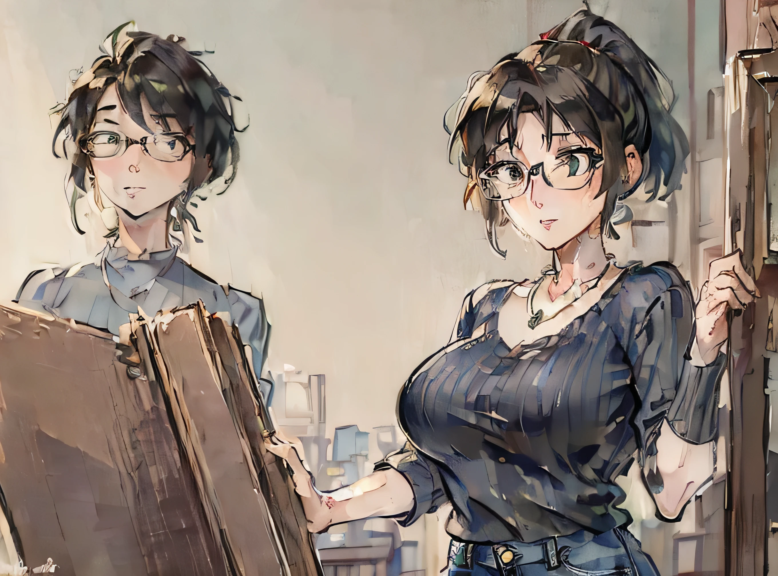 (Masterpiece: 1.8), Best quality, Aunt Cass Hamada from Big Hero 6, vermilion low-cut sweater, jeans, necklace, friendly expression, tall slender build, smaller breasts, grey hair in a ponytail, glasses, oil painting  