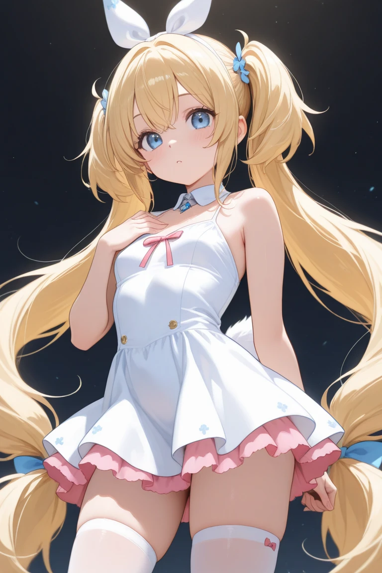 A young loli girl,Need,tmasterpiece,coiffed blonde hair,Turquoise eyes,Look sideways at the camera,Manteau blanc,Gaze at the stars,The upper part of the body,Hairline,Fair skin,Long twisted braids hang diagonally in front of the shoulders,Wear a summer sweatshirt,Stand on the runway,Hands hidden behind your back,A clear abdominal line is exposed around the waist,There are six-pack abs,Slim figure,ssmile,smallunderboob,A shy look