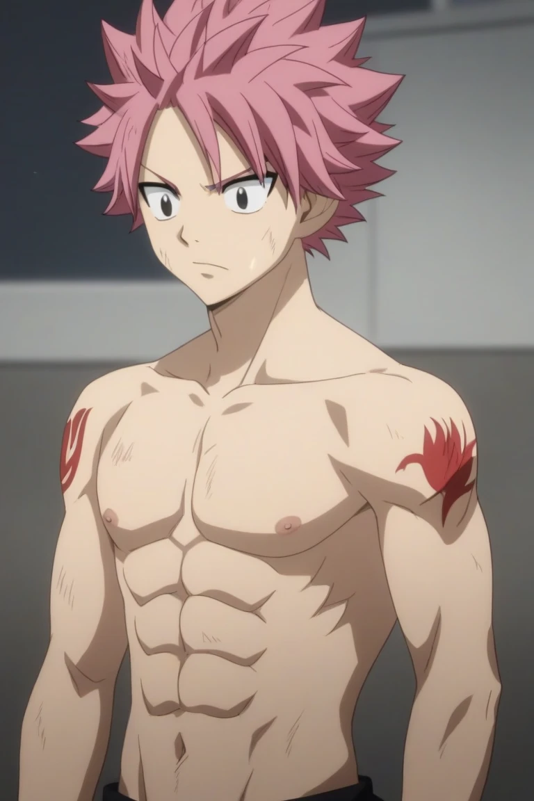 masterpiece, best quality red eyes, game cg, 1boy adult man, rugged adult face, solo, male focus, looking at viewer, upper body, Natsu Dragneel natsu_dragneel, pink hair, red eyes, shirtless naked, toned muscle, pectorals, 8 abs, toned legs, ((naked penis and scrotum)), slightly bulged, locker room, detailed, dynamic lighting, well lit, ((white scarf ))