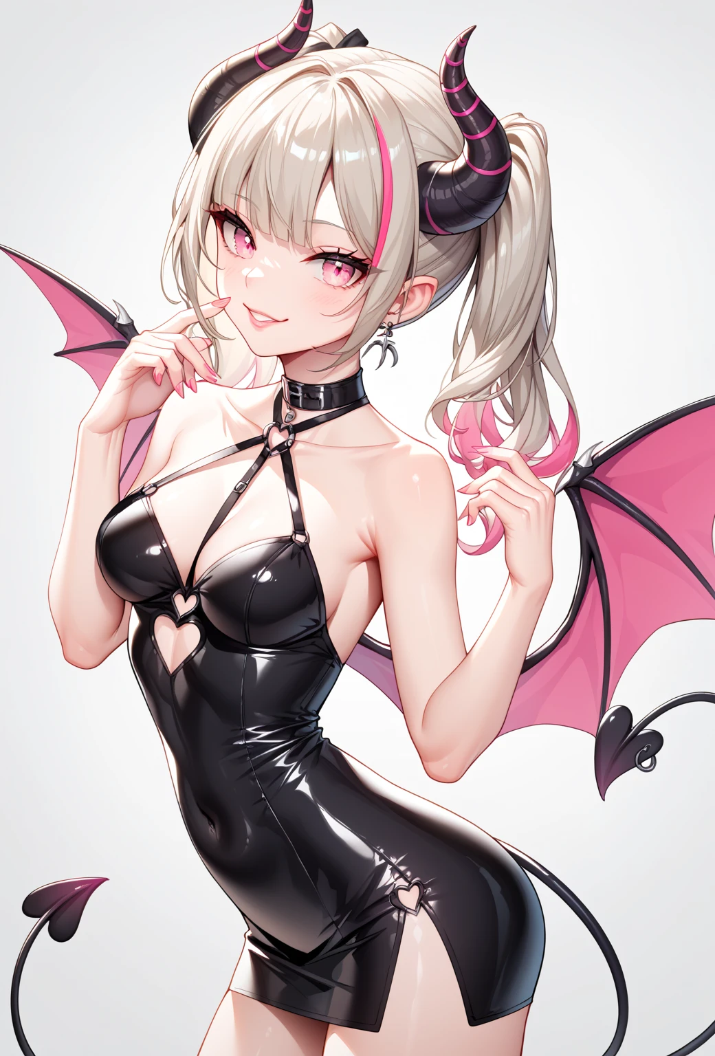 1 Girl, Medium Breasts, Platinum Blonde Hair, Neon Pink Highlights In Hair, Twin Ponytail Hair Style, Long Hair, Neon Pink Eyes, Pale Skin, Smooth Skin, Soft Features, Nice Lips, Nice Smile, Cute Face, Succubus Wings, Succubus Tail, Her Tail Wrapping Around Her Thigh, Dark Black Horns With Pink Tips, Black Latex Dress, Sitting Down