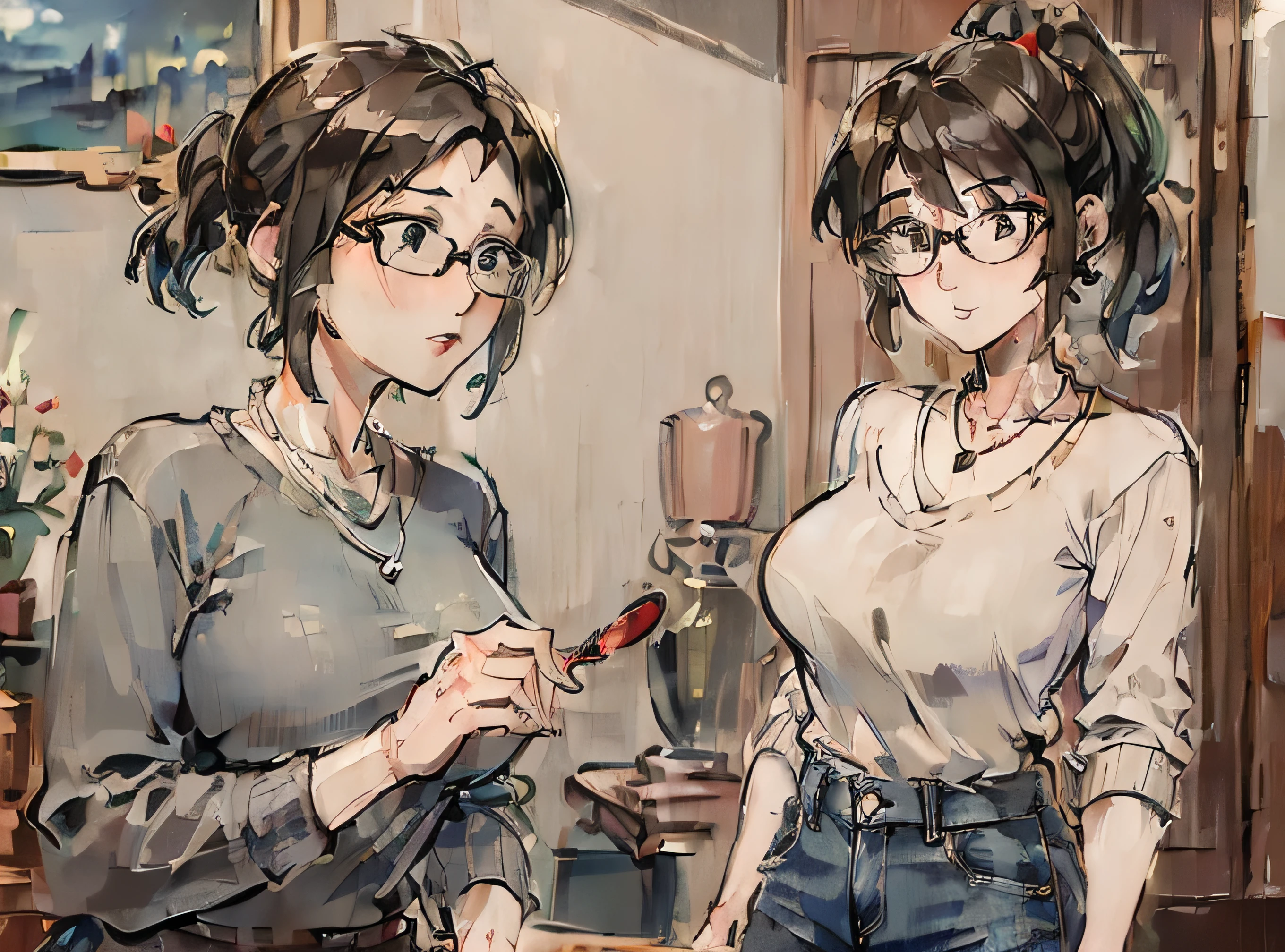 (Masterpiece: 1.8), Best quality, Aunt Cass Hamada from Big Hero 6, vermilion low-cut sweater, jeans, necklace, friendly expression, tall slender build, smaller breasts, grey hair in a ponytail, glasses, oil painting