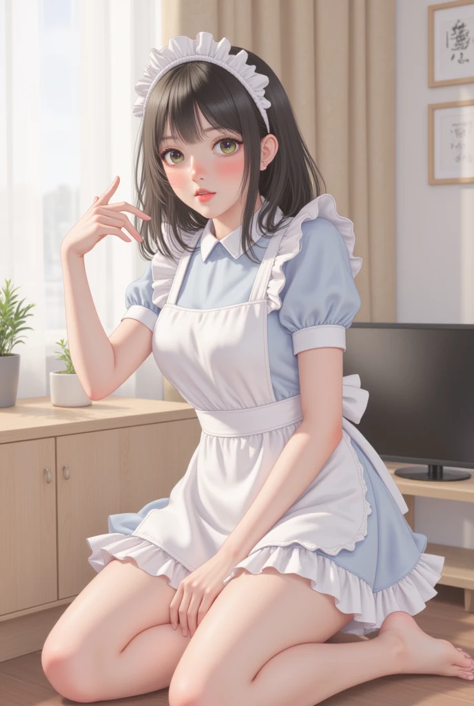 A little dressed in blue and white,Extremely shy and feminine posture ,Mouth open,The mouth seems to be longing,There are cat ears,nakeness,Cover private areas with your hands,Wear and white stockings、stiletto