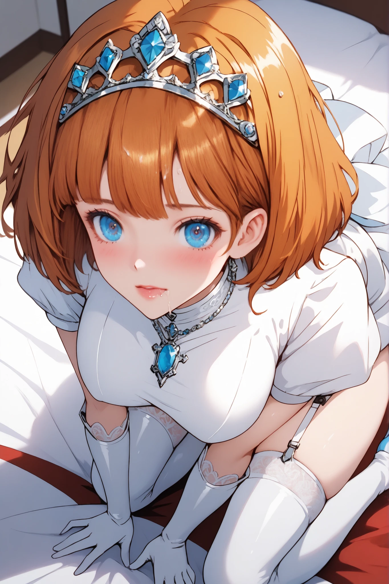 clarisse,
back,from above,from behind,(lower body:1.2),
1 girl,solo,pretty,18years old,
orange hair,bob_cut,colored inner hair,
blue eyes,beautiful eyes,big eyes,
long eyelashes,
white latex wedding dress(1.3),tiara,veil, latex turtleneck,latex short sleeves, white panty,miniskirt,bare thighs, white latex lace up boots, latex thigh-high boots,high heels, white latex elbow gloves, white garterbelt & fishnet stockings, vaginal,sex,doggystyle,crawl on all fours, very huge penis,very long penis, Intense fuck,fuck! fuck! fuck!, pussy juice,slide panty, very deep pubic hair around pussy, creampie,cum on pussy,cum on buttocks, cum on face,cum on mouth, extreme close-up crotch,cowboy shot, dutch angle,looking at viewer, pleasure,ecstasy,blushing,wet, drooling,tearful eyes,tear drop,sweaty, white breath,motion line for orgasm, beautiful legs,very thin thighs,thin calves, large breasts,thin waist,butt close-up (1.3), perfect face,beautiful skin,anatomically correct, best quality,super detailed, Highest quality,masterpiece,high quality, blurred background, indoor,bedroom,on bed