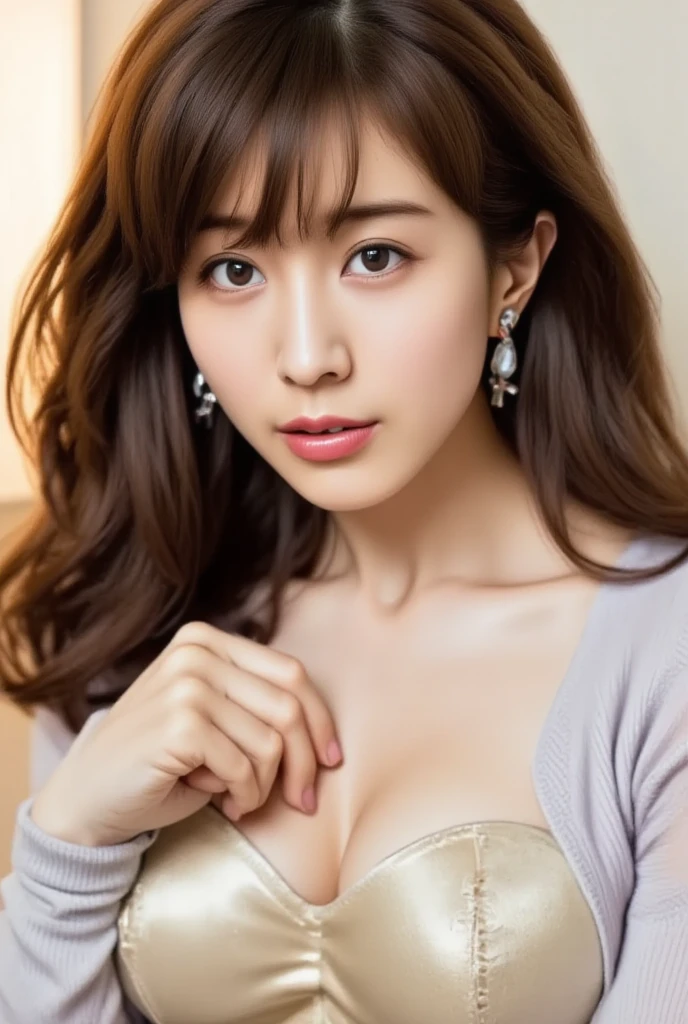 (very beautiful starry sky)、A woman with a very cute face like an idol、Smiling Kindly、Cleavage、Cinema lighting、Artistry、Facial and body depictions that are indistinguishable from real life、masterpiece