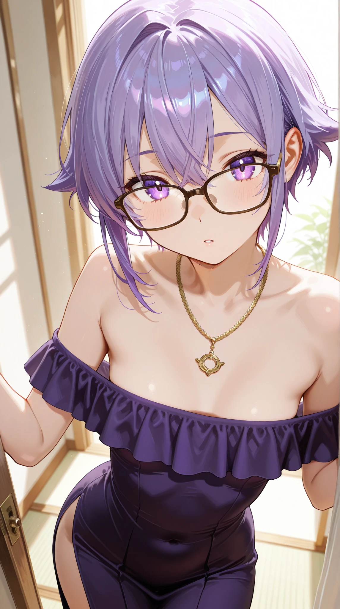 Latooni Suvota、Detailed Description、high resolution、One Girl、childish、Slender、Light purple hair、Short Hair、Glasses、Small breasts、(blush)、Troubled face、Nipples are visible、White panties、Leaning forward、Looking up、belly button