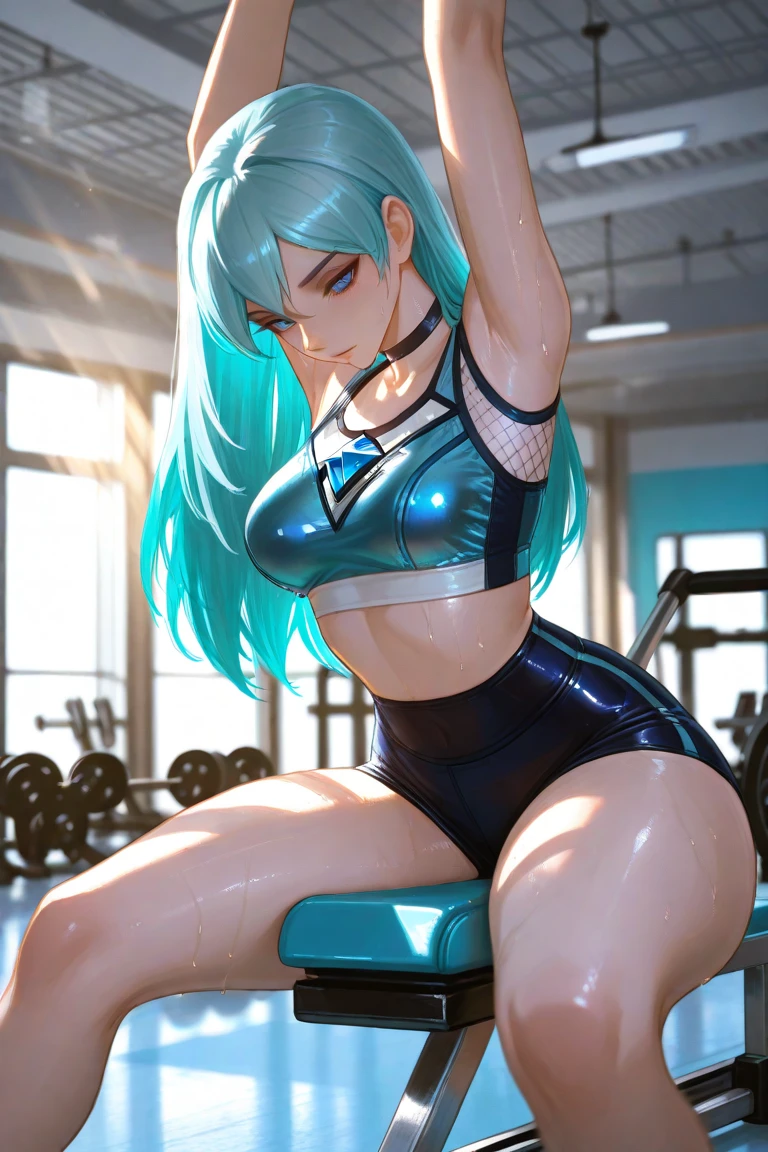((best quality)), ((master piece)), (robust), anime style, best quality 1girl, portrait, ultra detailed, pretty face, perfect anatomy, Solo, pale skin, pink green hair color, perfect big hair , bangs, ((Eyes closed)), tongue out, cap, tight-fitting top, tight-fitting leggings, arms, Hands on breasts, thick legs, big thighs, possession, gym background, details in the environment, perfect background, body sweating
