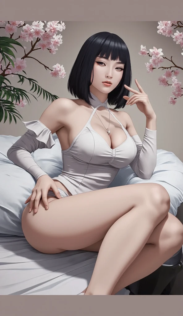 Masterpiece, realistic, 8k, CG, perfect artwork, super detailed rendering, highest quality, high resolution, detail maniac, shy expression, realistic eyes, high definition, high quality, detailed face, detailed body limbs, 1girl, solo, Hinata Hinata, Hinata sleeveless clothing, sleeveless shirt, fishnet shirt, dark lips, unzipped jacket, no bra, no panties, exposed breasts, blushing, white stockings, highlight, transparent clothes, exposed pubic hair, camel toes, jiri-like, superb breasts, excellent body, thin legs, full body, woman lying on the bed,