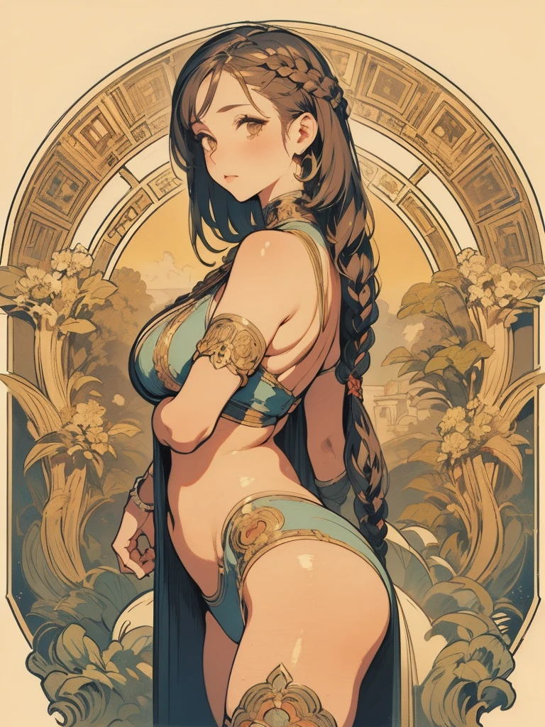 ((masterpiece)), (best quality), (ish), Art Nouveau watercolor painting , moon goddess , Big breasts,robe,thong,Show your neck,bare shoulders,Show belly button,camel toe exposed,big eyes, long, thick eyelashes, plump lips, dark red eyes, hair long and thick, high ponytail, chubby, flowery_background, Intricate designs and patterns in the style of Alphonse Mucha.from behind