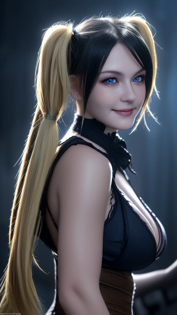 8K,Demon Slayer, the female demon,Super beautiful(like the real thing),黒と赤のsexyなビキニ,devil's horns,red eyes,masterpiece,Photorealistic RAW photos of the highest quality。bright colors,rich colors, Backlight, cinematic lighting, film grain, to be born, 50MM lens, Nikon D850,fantasy art,character art,ultra high resolution,super realistic skin,beautiful expression,sandy beach,Devil makeup,blonde mohawk hair,smile,Close-up,perspective from above,dynamic pose,sexy,