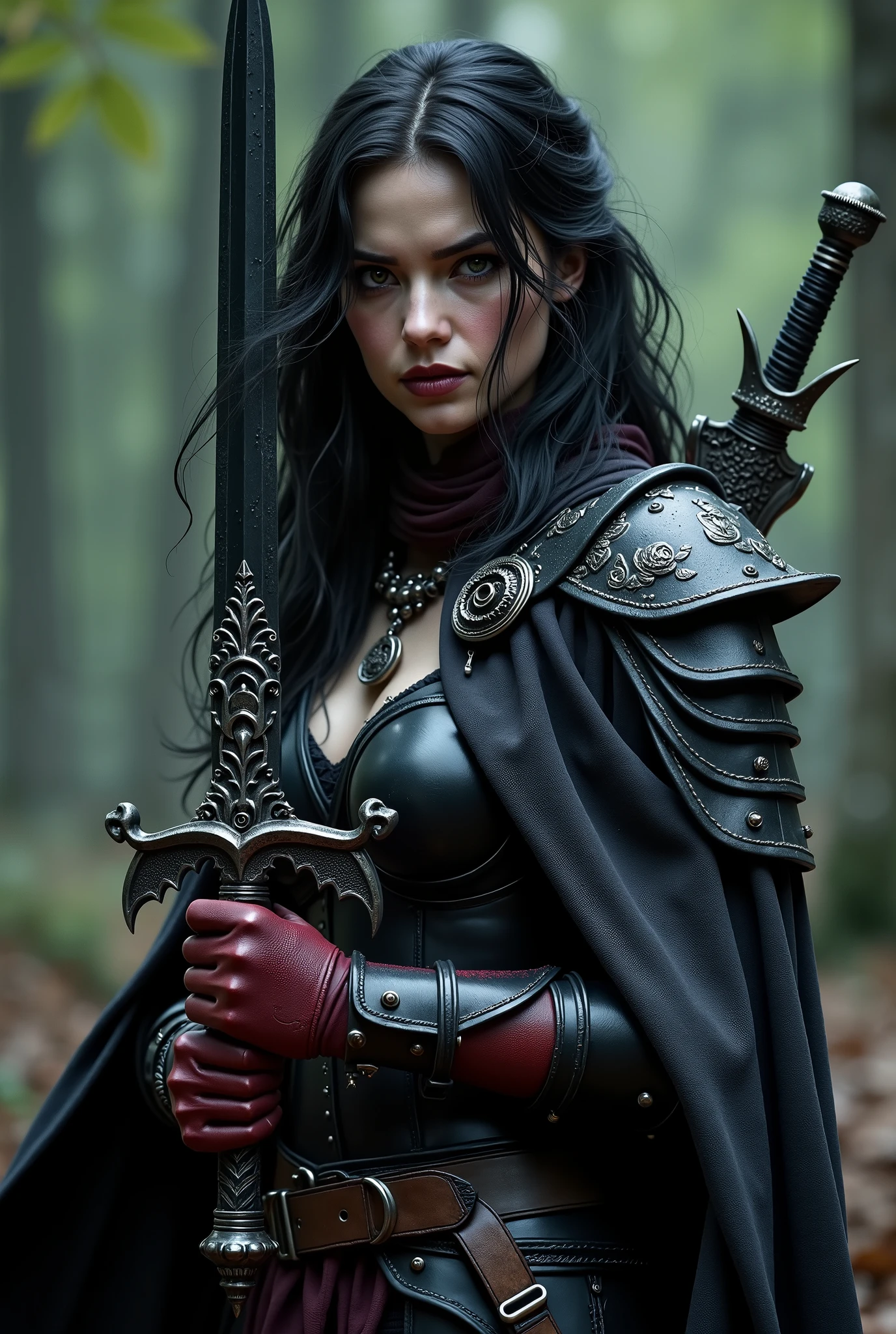 Lory, in battle gear, is a vision as imposing as it is mesmerizing — a shadow warrior shrouded in mystery and lethality. Her black hair continues to fall in wild waves over the shoulders, partially attached by a black silver fastener carved with forgotten runes, allowing her face to be free, revealing her intense green eyes - like dark forests or red like living embers, depending on the moment . The sparkle in her eyes remains unshaken, now even more intense, as if each combat nourished its essence.
She wears light armor, made of dark leather stiffened with black metal plates like obsidian. The shoulder pads are sharp, with silver details that resemble bat wings or thorns of poisonous roses. The armor molds to her slender body, designed to guarantee freedom of movement without sacrificing protection. Over the chest , the ancient symbol of a black rose entwined by snakes can be seen, embroidered with dark threads of cursed silver.
Lory wears a short cover, of a thick fabric that seems to absorb light, attached by an onyx brooch in the shape of a waning moon. Tight gloves cover your hands up to the forearms, reinforced with dark leather and small decorative thorns, like claws in disguise. Suas botas, with a high top and a firm heel, is silent to the touch on the ground - perfect for a female hunter night.
In your hand, Lory wields a sword with a long blade, forged in enchanted black metal, that emanates a subtle and threatening glow. The sword guard has the shape of open wings, and the fist is wrapped in dark red leather, stained by the weather and blood of former enemies. The blade itself seems to vibrate slightly when in combat, as she thirsts for more.
Nessa forma, Lory from just an enigmatic vampire — she becomes the very incarnation of the silent war, an immortal warrior forged in the dark and molded to overcome with lethal grace.