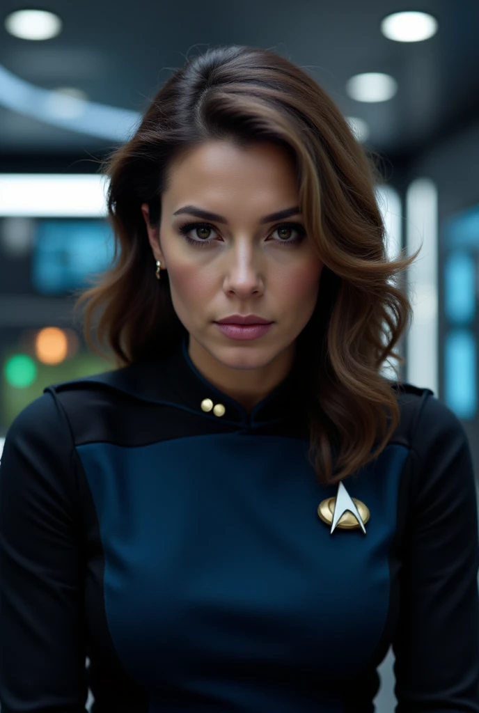 (35mmstyle:1.1), front, masterpiece, 1970s film still of ((T'pol)), (perfect face), cinematic lighting, wearing tight blue jumpsuit with a black undershirt,
(detailed skin), high frequency details,
Eastman color negative, 35mm film, Paramount, (film grain), film noise, (full body:0.9), eye focus, (cinematic film still from Star Trek The Motion Picture)