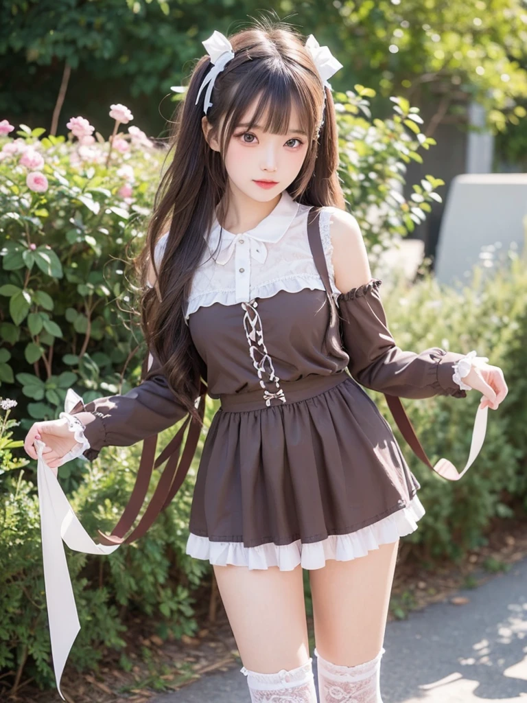 Lili, 1girl in, Solo, A smile,The clothes ar,Brown hair、lawn、sun
skirt,legwear very,Hood down,,ers old、japanes、cute little