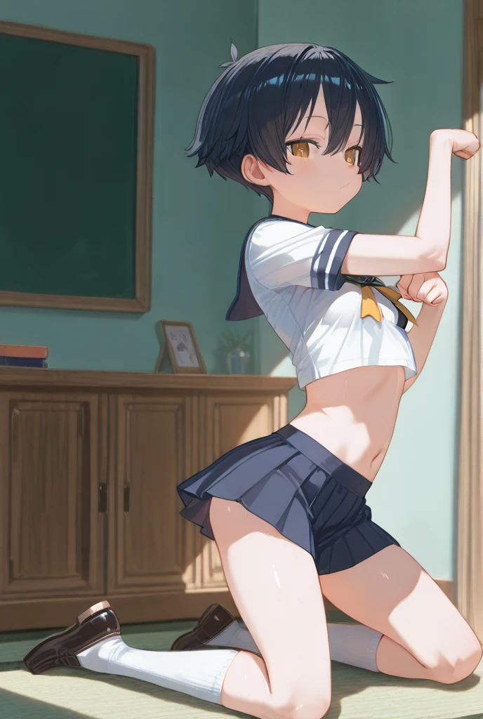 masterpiece, best quality,anime style, 1 girl,(((slender body))), (((small eyes,small breast))),(((cheerleader uniform,glasses))),(cum), (beautiful face), (((short hair))), (((straight hair))), ((((black hair)))),detailed beautiful skin, (perfect hands, perfect anatomy),scream