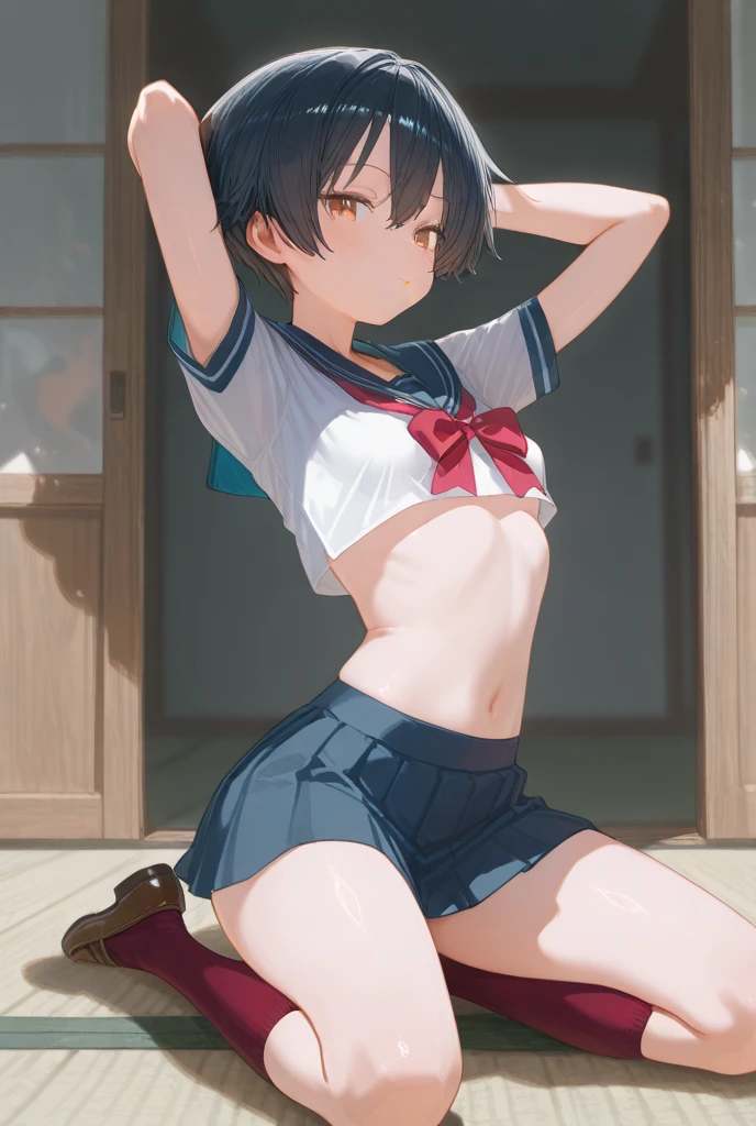 NSFW, ((best quality)), ((masterpiece)), ((detailed)), (((perfect face))), (((slender 18yo age girl))), (((medium breasts))), ((((topless)))), ((bare arms)), ((bare shoulders)), ((bare stomach)), ((bare chest)), ((((dark blue pleated skirt)))), ((dark brown hair)), ((short ponytail)), (((blue eyes))), ((sad:1.2)), ((blushing:1.3)), (((standing))), ((((detailed background)))), (((winows))), (((slender hips))), (((slender thighs))), ((((wearing blue sneakers))))