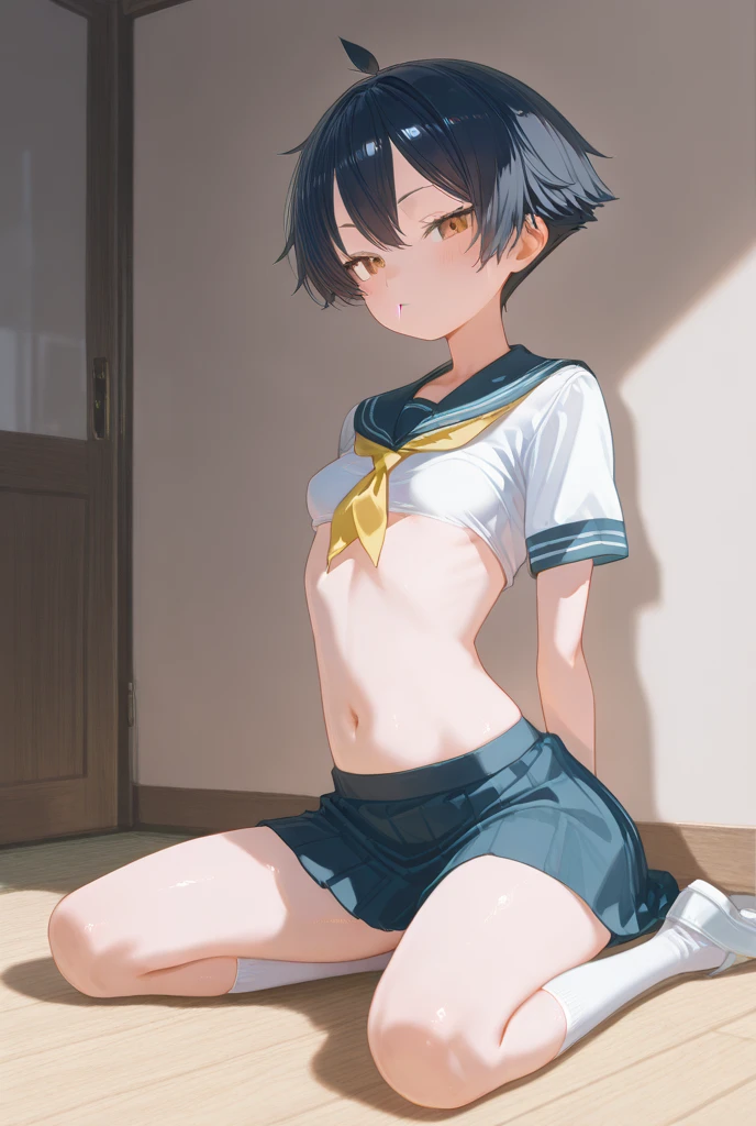 shigure, ahoge, brown hair, blue eyes, braid, hair ornament, hair over shoulder, long hair, single braid, hair flaps, (masterpiece, best quality:1.2), illustration, 8K, HD,1girl, 独奏, long hair, single braid, gym storeroom, Clenched fist、White panties、White gym clothes、Panty Peep, good, Wet, From below、Folded up gym clothes、Camel Toe、topless、Small breasts、Embarrassing、Transparent