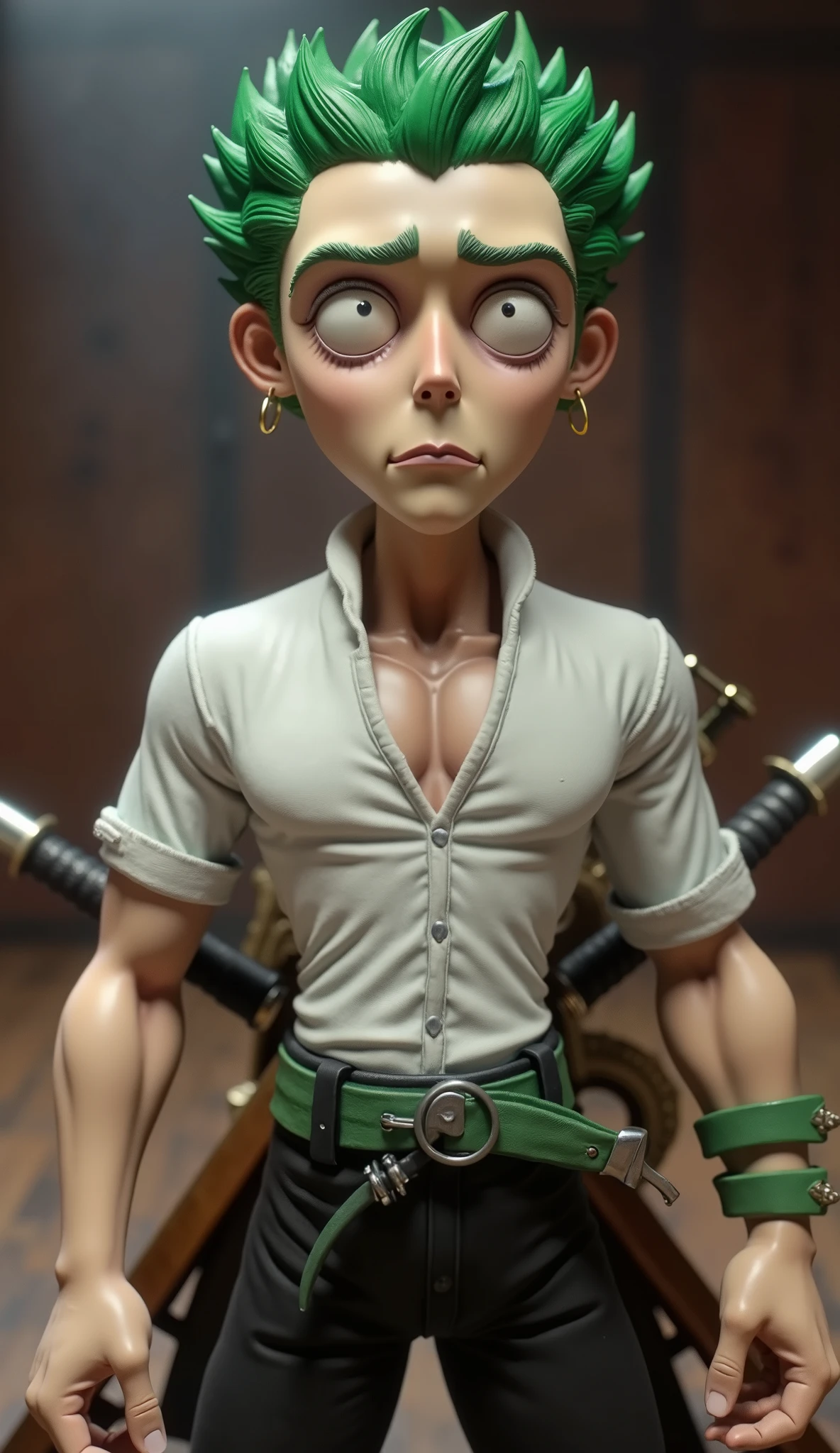 Tim Burton movie, cinematic composition, stop motion, clay animation, a vampire king , looking at viewer, gothic A muscular swordsboy with light green, spiky hair and tanned skin stands confidently with a serious expression. He wears a white, short-sleeved, open-collar henley shirt, tight around his broad chest and shoulders. Around his waist, he has a green haramaki (sash) with vertical stitching, used for storing his swords. He carries three katanas—one in each hand and another at his waist—symbolizing his signature three-sword fighting style. His pants are black and shiny, slightly flaring out toward the bottom. One green bandana is tied around his left bicep, and he wears small, gold hoop earrings in his left ear.
