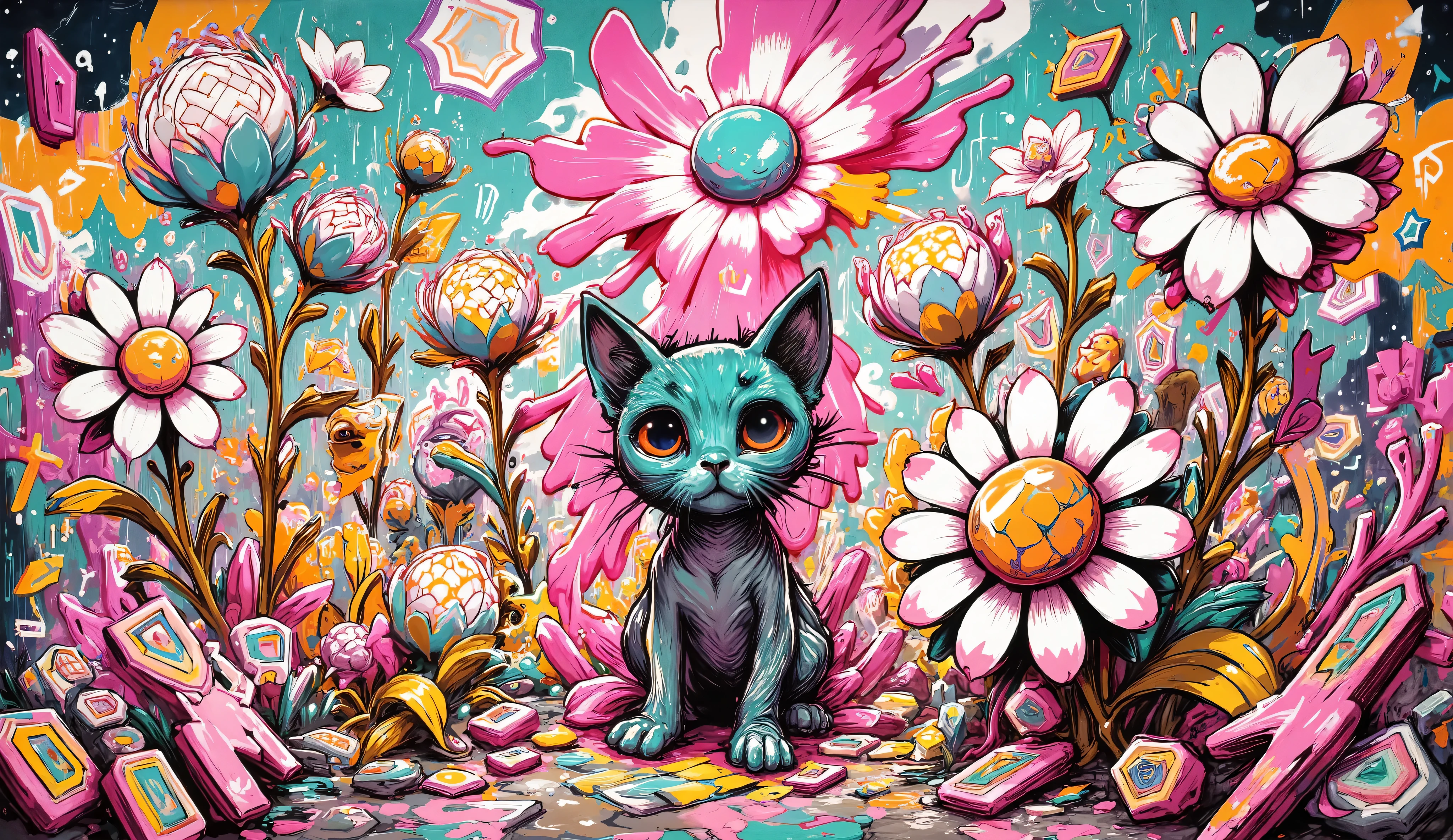 grafitti art, mural, a cat, giant flowers, geometric forms, color palette: Maximum Blue, Battery Charged Blue, Orange Soda, Burnt Umber, Indian Red, grafitti, grafitti art, mural