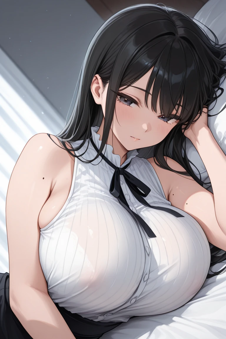 (Realistic:1.3), (photoRealistic:1.2), (masterpiece:1.2), (highest quality), (Detailed skin:1.3), (Intricate details),
One woman, 19 year old,
angle from above,
Detailed skin texture, (blush:0.8), (Ultra High Definition Face:1.2), (((both eyes are closed))), (open mouth), ((raise chin))
Brown Hair, medium long hair, Calm hair, bangs, Hair between the eyes, Hair volume is low,
Two legs, Two arms, Two joints in the fingers,
(Depict from chest to head:1.3),
(Wearing one piece skirt dress with fine lace), Sleeveless, Clothes with open upper chest, (pastel color dress), ((red g-string panty)), thongs, knee length skirt, Flip-up skirt,
(On the bed with white sheets),
((fully lying position)), ((she is lying on the bed)), ((lie on the bed With legs apart)), (big boobs), (hands in crotch:1.3)
