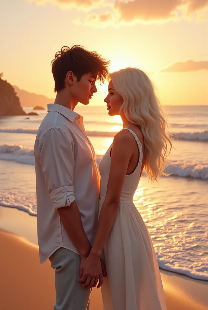 the sea，the setting sun，couple，wedding photo，cool guy，Beautuful Women，white skinned，High picture quality，Clear facial features，Faraway view，evening light