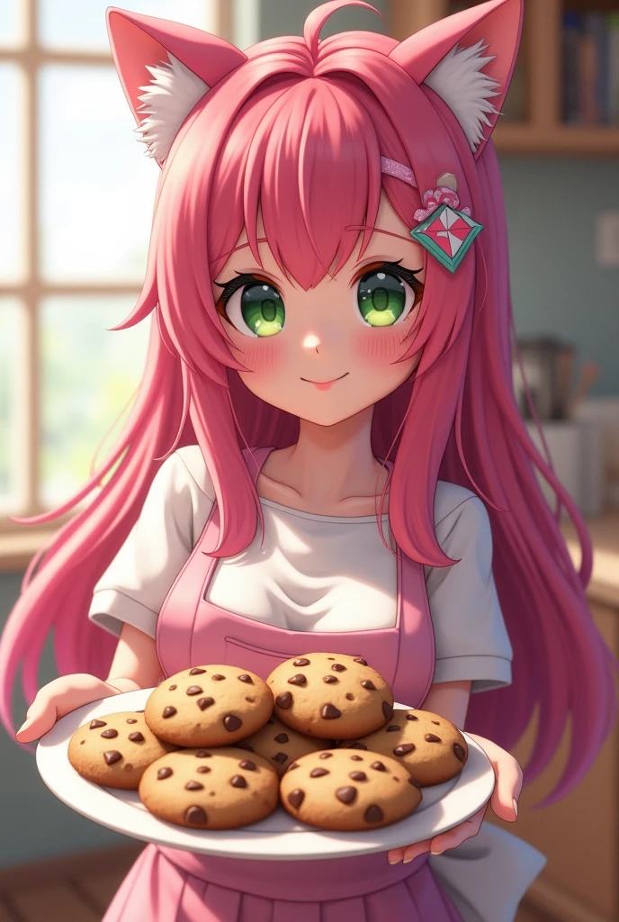 a girl, hair with cat ears, long hair, apron, with a plate of chocolate chip cookies, green eyes, pink hair, , smile, presenting a plate to eat