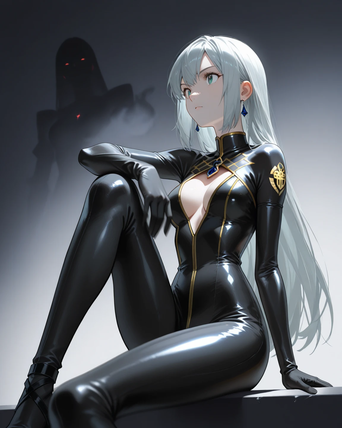 ((8K resolution))、((highest quality))、((masterpiece))、((Super detailed))((((dramatic))), (anatomically correct)、Depth of object being written、look at the camera、one person、one personの女性、front、toned arms, 長くてthin脚, Athletic Presence,pale skin、thin、messy long hair、gray hair、snake tongue、stuck out tongue、tongue piercing、ギザギザのteeth、(八重teeth)、teeth、yellow eyes、half closed eyes / Bad mood 、tattoo、(theme、whole body:1.1),snakeskin bodysuit、 snake tail、white background