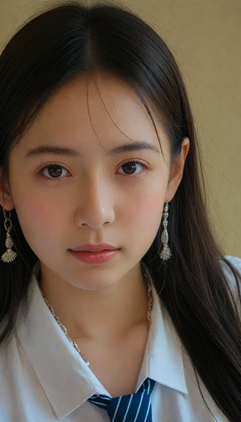 (((Highest qualityで、Very detailedな)))Ultra-high resolution close-up image of a face,length, Straight black hair frames her face,You can clearly see each and every hair、((Depicts subtle color changes depending on the amount of light hitting the subject,The skin is white and smooth、Natural shine,Fine skin、Expressing the fine details of pores)),Detail of slight redness on forehead and cheeks,eyes are light brown,(((Iris detail、Expressing color gradations and patterns))),length, Natural Eyelashes, Each is visible,well-groomed eyebrows、眉毛やまつ毛のpersonal々The hair is clearly visible,Light reflects off the eyes、Create small highlights,The nose is delicate、Fine detail on the nostrils,唇はふっくらとして自然なpink色,Draws fine lines and soft curves of the lips,Shiny、Accentuate the shape,Detailed depiction of lip texture,Special attention is paid to the depiction of light and shadow.,Soft natural light gently illuminates your face from the front,A slight glow on the forehead, nose and cheeks,The shadows are softly cast along the contours of the face.、Accentuates the curves of your cheekbones, Side of chin and nose,Her lip gloss reflects the light subtly.、Emphasizes plump texture,The shadows in the hair add depth and dimension、personal々Hair sparkles in the light,The background is simple and blurry、Focus on the face,Highest quality, Realistic, Realistic, Very detailed, Very delicate and beautiful, RAW Photos, Professional Lighting, Facial Lighting, Written boundary depth, Single Focus, whole body, 20-year-old woman, (night, Beach, Starry Sky: 1.4), Brown Hair, Brown eyes, Small Head, ((Big Breasts)), Stylish girl, Beautiful Eyes, True Face, Real Skin, Realistic face, Realistic skin, fine grain, Detailed facial features, Detailed clothing features, (Fashionable clothes: 1.3 ), (Trendy hairstyles: 1.3) Dynamic pose, View your audience, Face and chest detail, (Pyros Face_v1:0.33), (Urzan-6500:0.33),Japanese high school girls posing in the schoolyard in the evening。She is wearing a white shirt and a navy blue pleated skirt..、Wearing a red ribbon tie。Shirt sleeves are slightly turned up、A simple silver bracelet gleams on her wrist., Visible from the sleeve.。The model is naturally straight, 肩までのlengthの黒髪.、前髪は眉毛より少し上くらいのlengthにしてください。Her skin is so white it&#39;s almost transparent、Gives a healthy glow。 There is a large schoolyard in the background..、You can see rusty iron bars and playground equipment..。The sky is dyed in the sunset、orange、pink、A beautiful purple gradation spreads out.。There is a large cherry blossom tree behind the model..、Leaves swaying in the wind。Weeds growing at my feet.、Give a sense of reality。 The lighting is soft and natural, Gently embrace the model.、Warm colors illuminate her face and uniform..。She has a natural smile、Her left hand is gently lifting the edge of her skirt。Place your right hand on your hip、A relaxed yet confident pose.。Her eyes are on the camera、She has a pure and bright look.。 whole、若さの爽やかさとnightの落ち着いた雰囲気の融合.、The aim is to create an elegant yet approachable photographic image..。