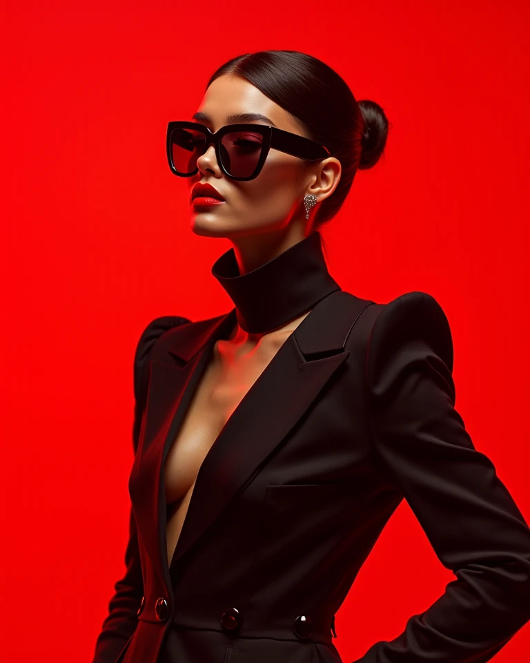Simple vector illustration, Beautiful Indonesian girl, standing against the wall, unique, confident, Long straight hair, sunglasses, Exaggerated earrings, unique, Looking at the viewer), (Black long coat deep V: 1.37, Red skirt). Looking from bottom to top, Geometric Light and Shadow, Clean and simple red background, Sense of space, White Space, (elegant expression)), ((elegant makeup)), highly detailed, realistic, sharp features, highly detailed, sharp focus, perfect face, perfect symmetry, perfect eyes, perfect lips, nice anatomy, flexible female body shape, sexy face, big breasts, open cleavage, ((cinematic, film light, dramatic)), highly detailed, hyperrealistic, masterpiece, atmospheric, high resolution, dynamic studio lighting, ((red background)), studio, looking at the viewer atmospheric perspective, volumetric lighting, clear focus, (realistic, Hyperrealistic: 1.37), 16k HD, information, ((full shot)).