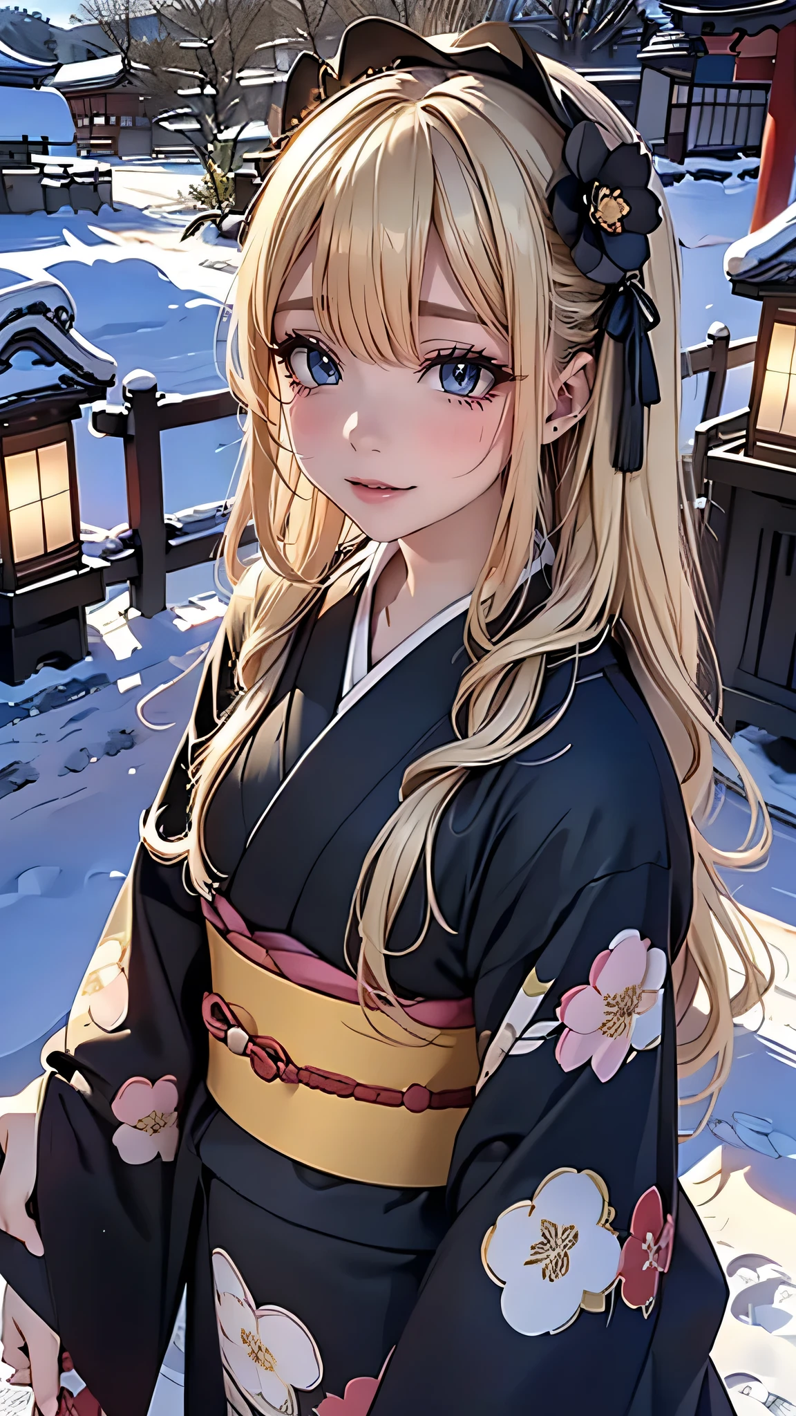 (masterpiece),(top-quality:1.2),1girl in,(masuter piece:1.3),exquisitedetails, Highest quality 8K resolution,Vibrant colors, Warm and gentle lighting,(Black floral kimono:1.3),(Lots of lanterns),(Smooth straight blonde hair:1.4),(Hair parted in the middle:1.3),(Glowing hair),(Dark blue eyes:1.3),cute smile face,White skin, hair clips,Small necklace,(Kyoto in the snow:1.3)、
