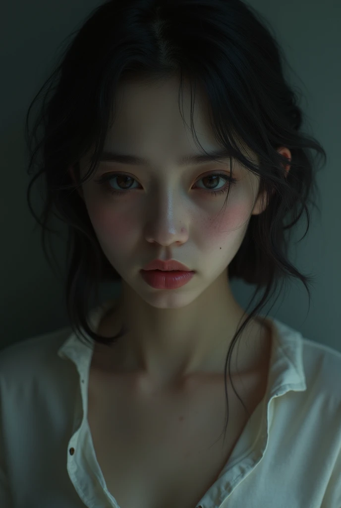 Fair skin、Disheveled yukata、Close-up of large beads of sweat glistening on skin、