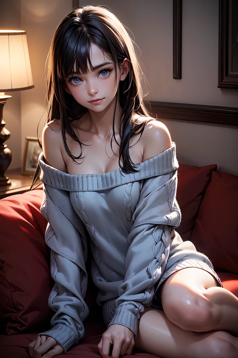 Masterpiece, best quality, high resolution, ultra detailed, slight smile, a woman long dark hair with bangs, light blue eyes, a beautiful girl looking at the camera, Frontal view, ((off-the-shoulder light red sweater,)) bare legs, night, warm interior room, image illuminated by a small lamp, depth of field, (half body: 0.6),
