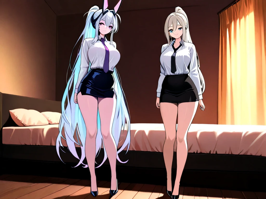(1 girl standing with open legs wide:1.4), solo, (naked:1.4), standing in glass wall, BREAK, (thin long legs:1.5), (short torso:1.5), (large perky breasts:1.2), (thin waist:1.2), (show off clitoris for viewer:1.3), BREAK, (long black thighhighs:1.3), (long necktie), highheels, (pigeon toed:1.2), BREAK, smile for viewer, nose blush, open mouth, heavy breathing, BREAK, full body, masterpiece