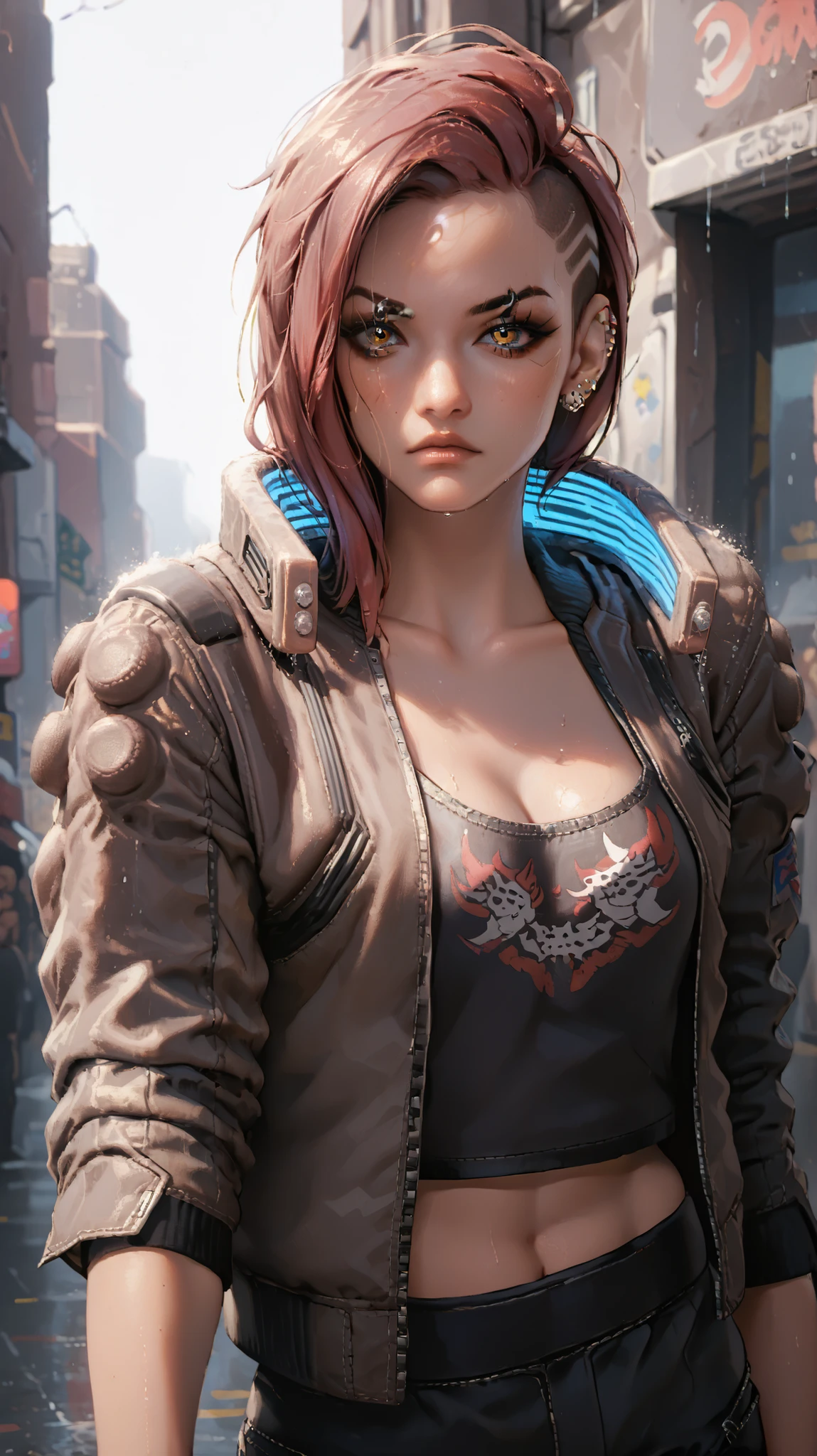 score_9, score_8_up, score_7_up, source_anime, Vcyberpunk,1girl,solo,looking at viewer,navel,cleavage,jewelry,collarbone,jacket,red hair,earrings,open clothes,midriff,mole,open jacket,black crop top,orange eyes,makeup,piercing,black pants,ear piercing,colored sclera,freckles,brown jacket,black lips,lip piercing,eyebrow cut, anatomically perfect, standing the on the streets of cyberpunk city on rainy evening, it's heavy raining, masterpiece,best 8k.