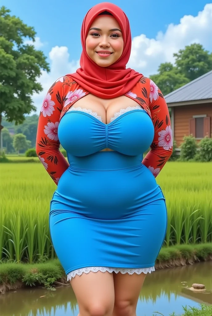 masterpiece, high quality photos, detailed photos, beautiful chubby Malay woman wearing a hijab, has super plump breasts, wearing a tight t-shirt, sexy leggings, big buttocks, posing smiling in the park, detailed body description, detailed facial description,