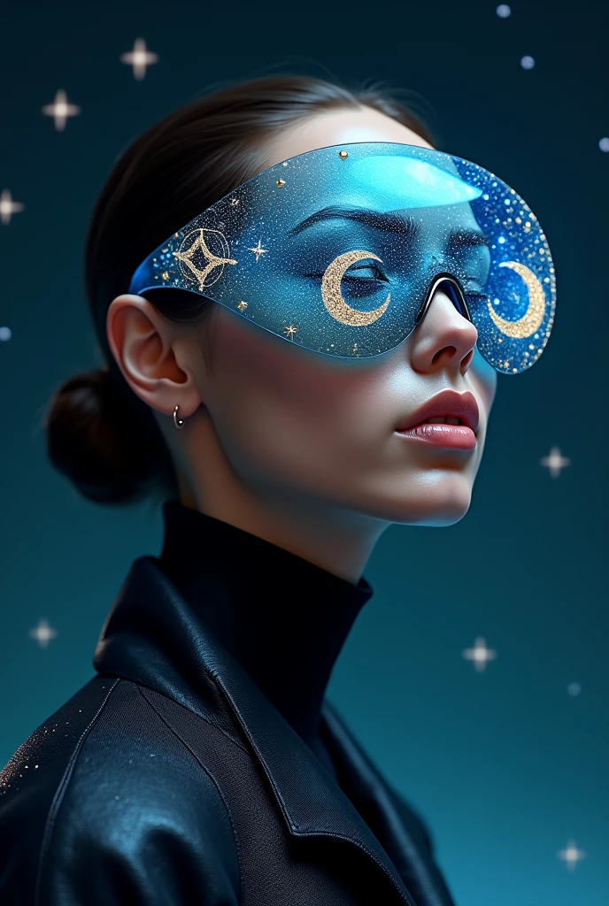 an eye patch is placed on a table, a sublime woman is sitting next to it, her left eye is missing, a tiny galaxy is in place of her left eye