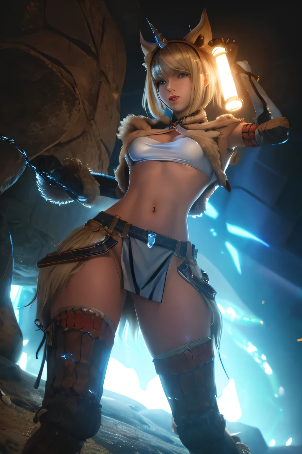 perfect anatomy　best quality,highest resolution,(((female　 shiny top　shiny light blond hair 　shiny skin)))　Monster Hunter　giraffe equipment　cool