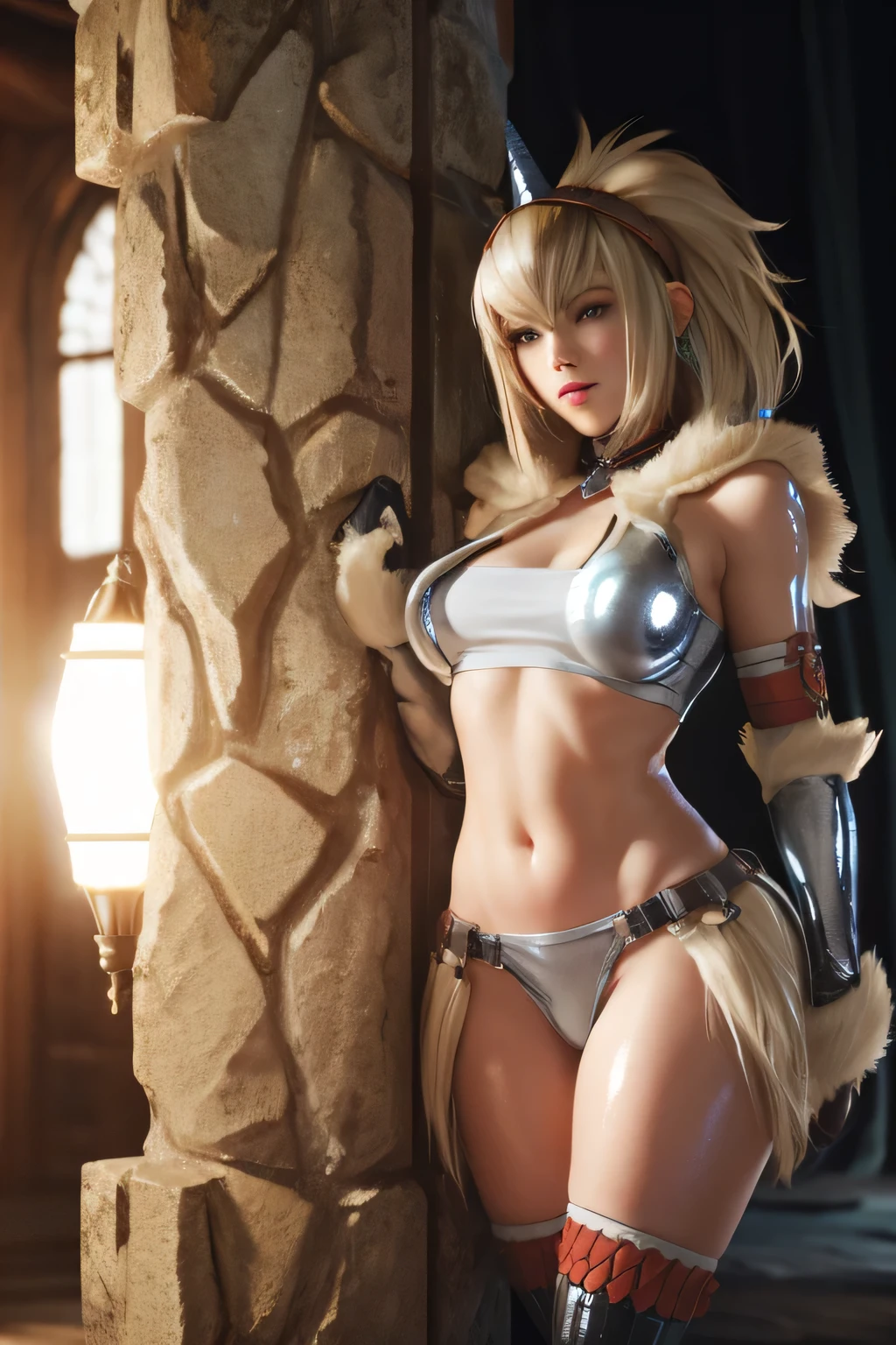perfect anatomy　best quality,highest resolution,(((female　 shiny top　shiny light blond hair 　shiny skin)))　Monster Hunter　giraffe equipment　cool