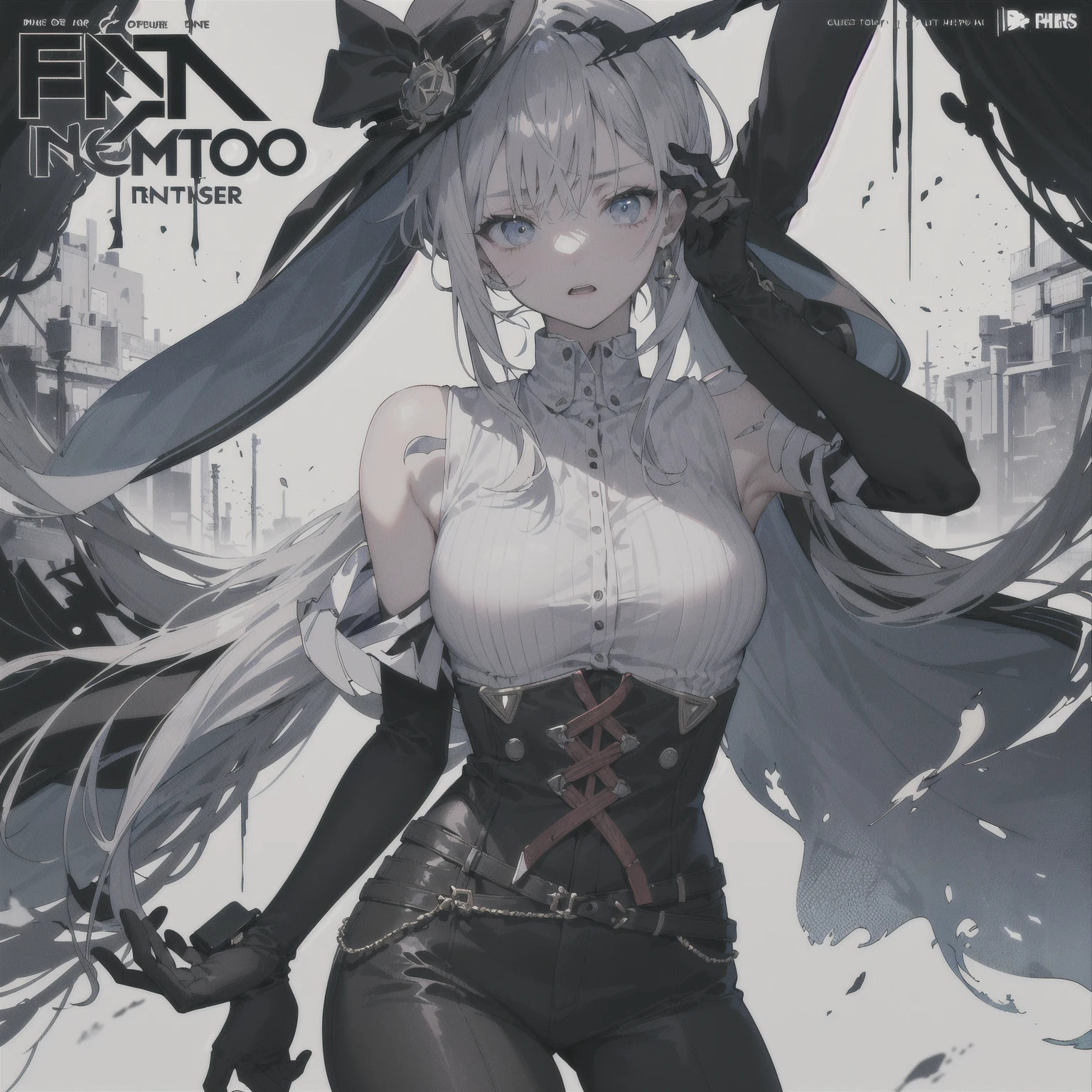 anime girl, bleach anime, soul reaper, sword, zanpakuto, vastolorde mask, fractured mask, hot, sexy, cute, black eyes, tall, full body, masterpiece, looking at the viewer, black fur on shoulders, coat, hollow shinigami,